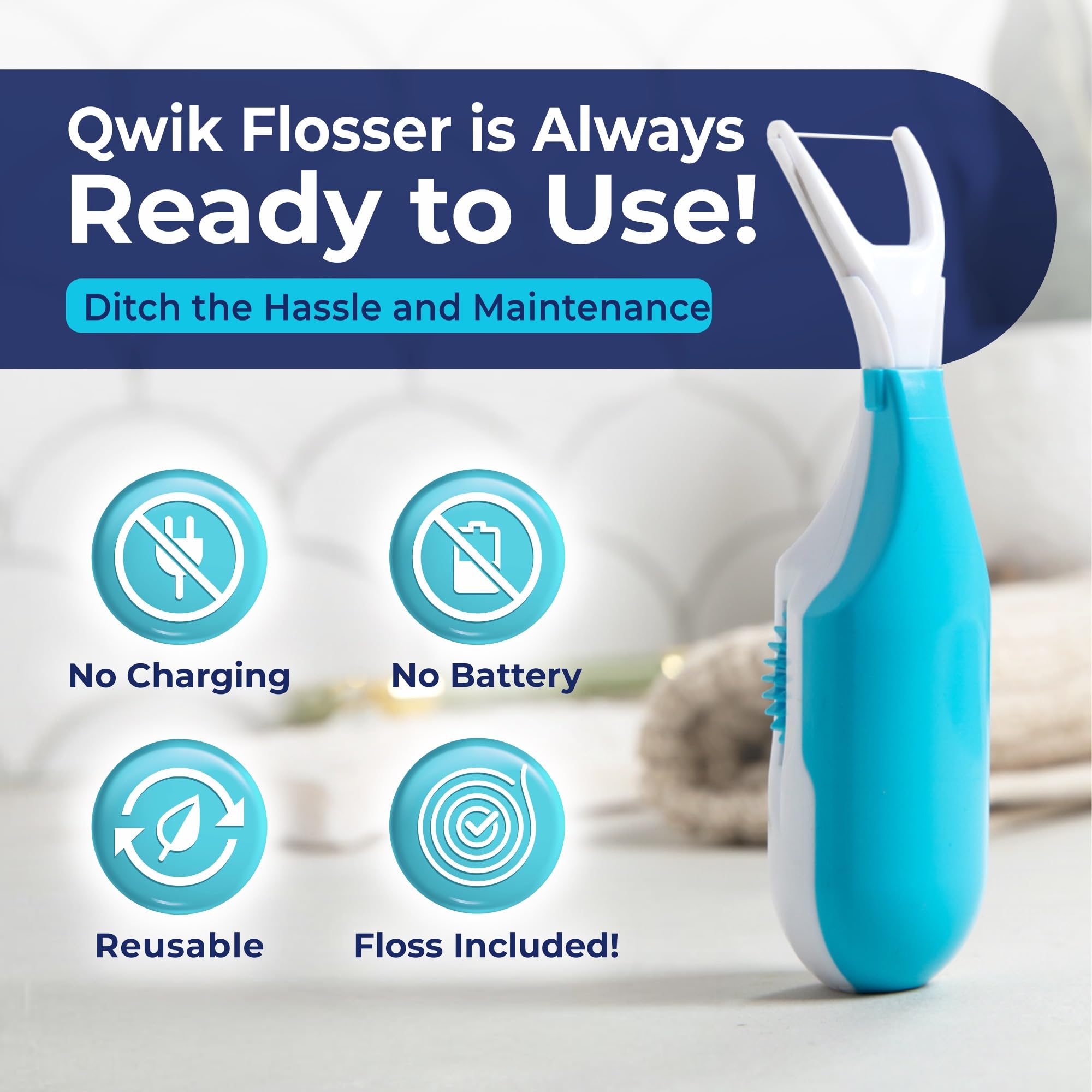 QWIK Automatic Dental Flosser – Click-to-Use, Refillable, Travel-Ready (Light Blue)