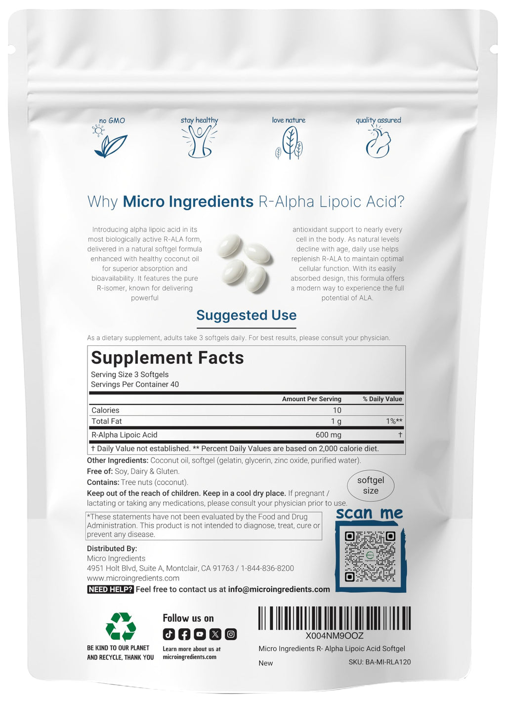 R Alpha Lipoic Acid 600mg with Coconut Oil – 120 Softgels | Antioxidant Support