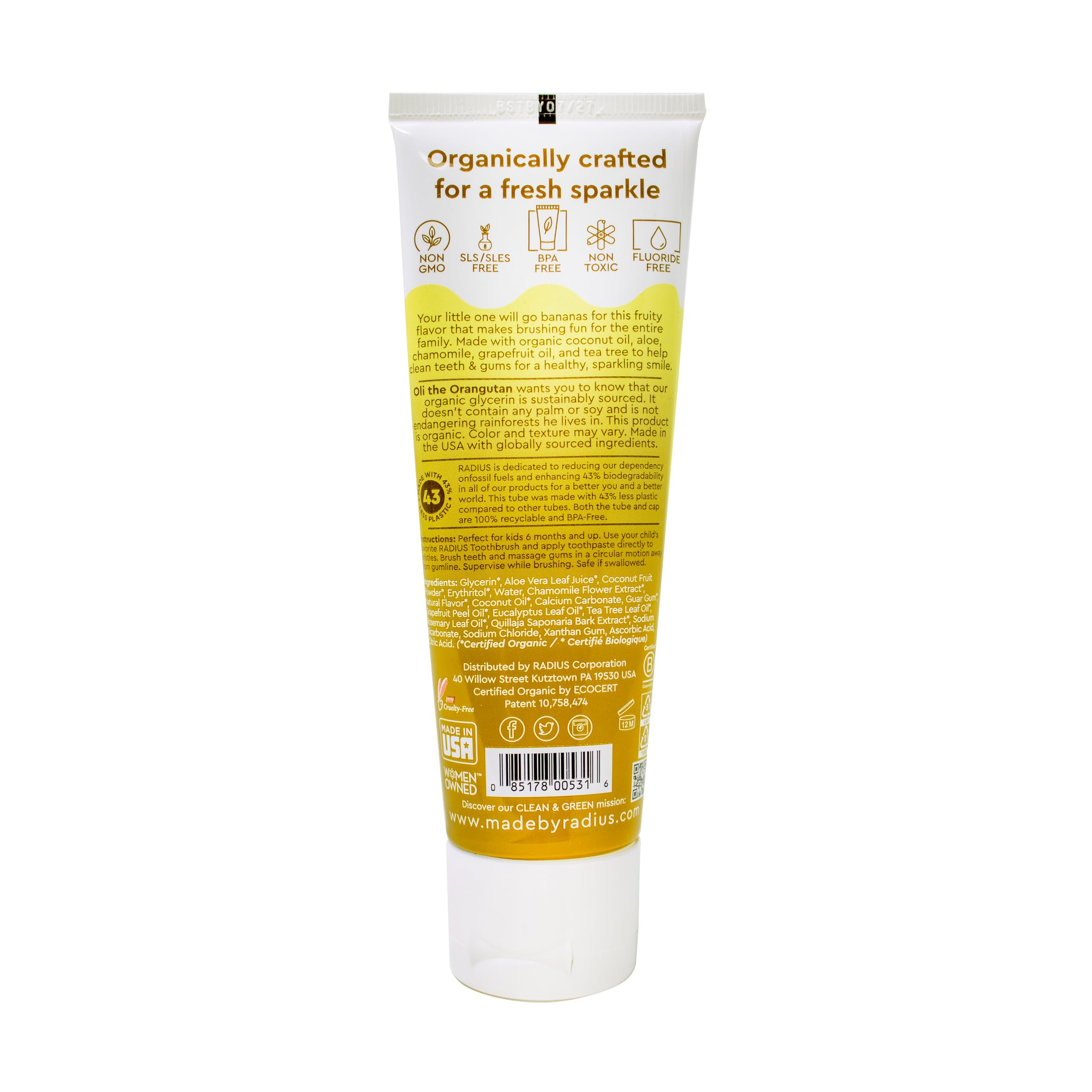 RADIUS USDA Organic Kids Toothpaste Coconut Banana 3oz – 6 Pack