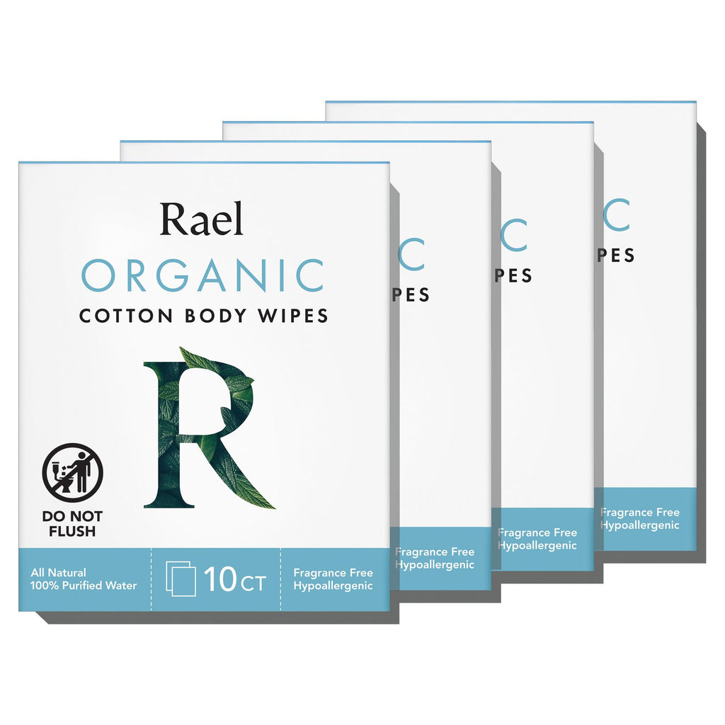 Rael Organic Cotton Wipes - 100% Purified Water, Hypoallergenic, Individually Wrapped (4 x 10 Count)