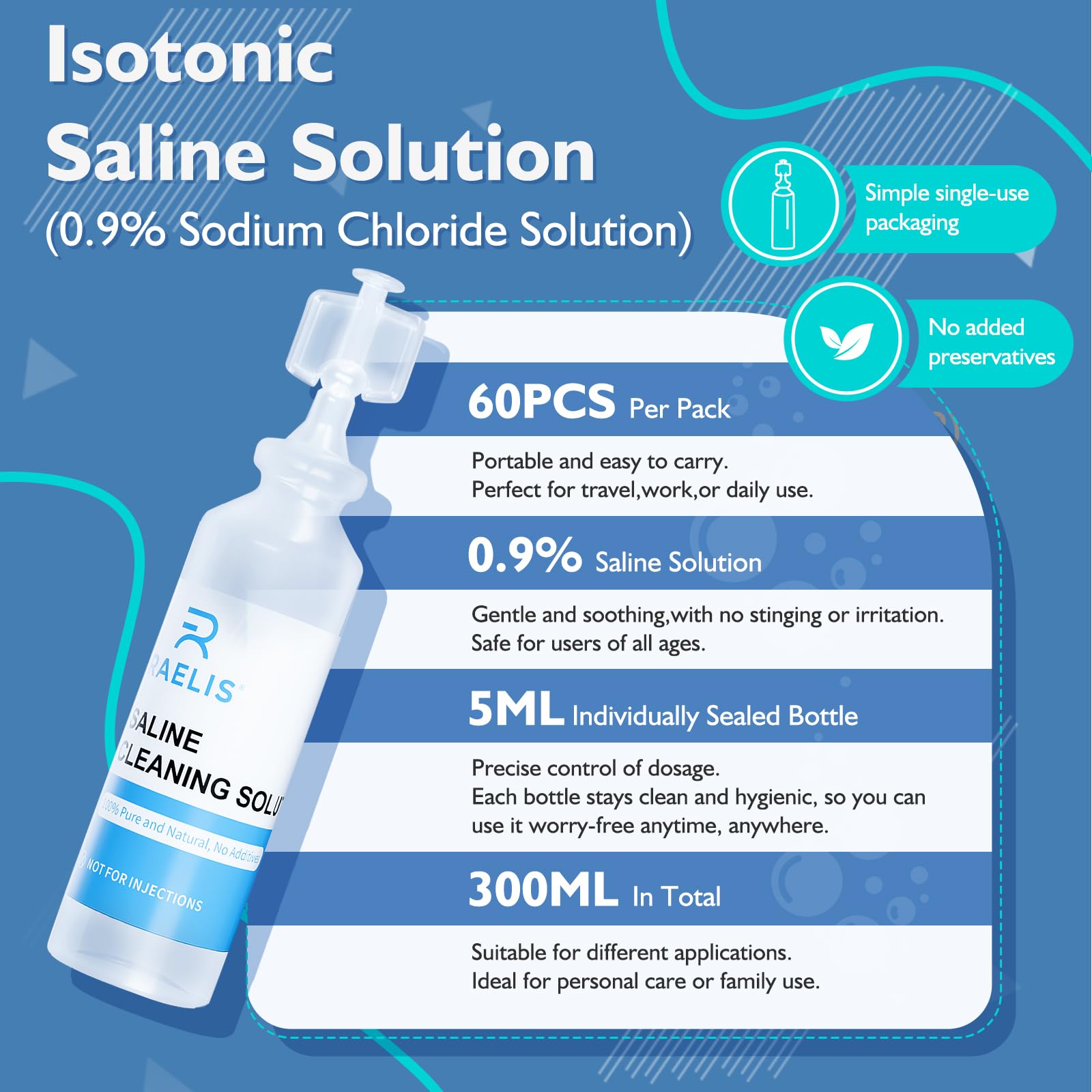 RAELIS Saline Solution 300ml (60 x 5ml) – Multipurpose Household Use