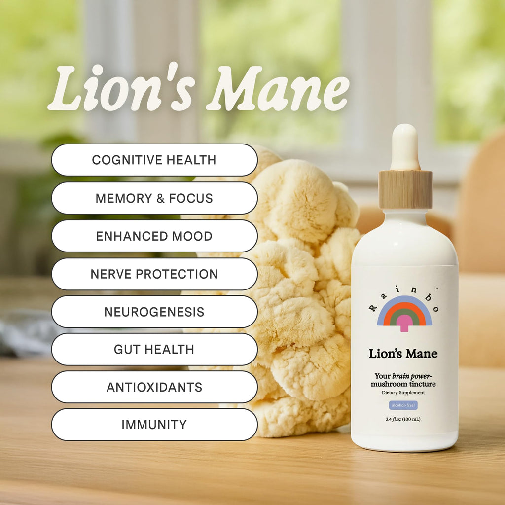 Rainbo Lion's Mane Tincture – Dual Extract for Brain Health | Vegan, Non-GMO 3.4 fl oz