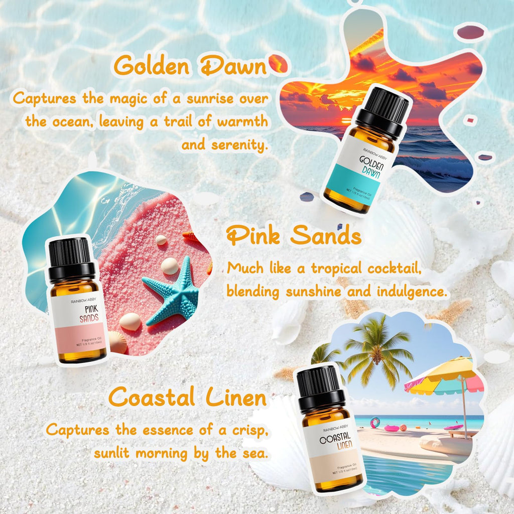 Beach Essential Oils for Diffusers – RAINBOW ABBY 6x10ml Set | Golden Dawn, Pink Sands, Coastal Linen, Ocean Breeze, Ocean, Ocean Mist