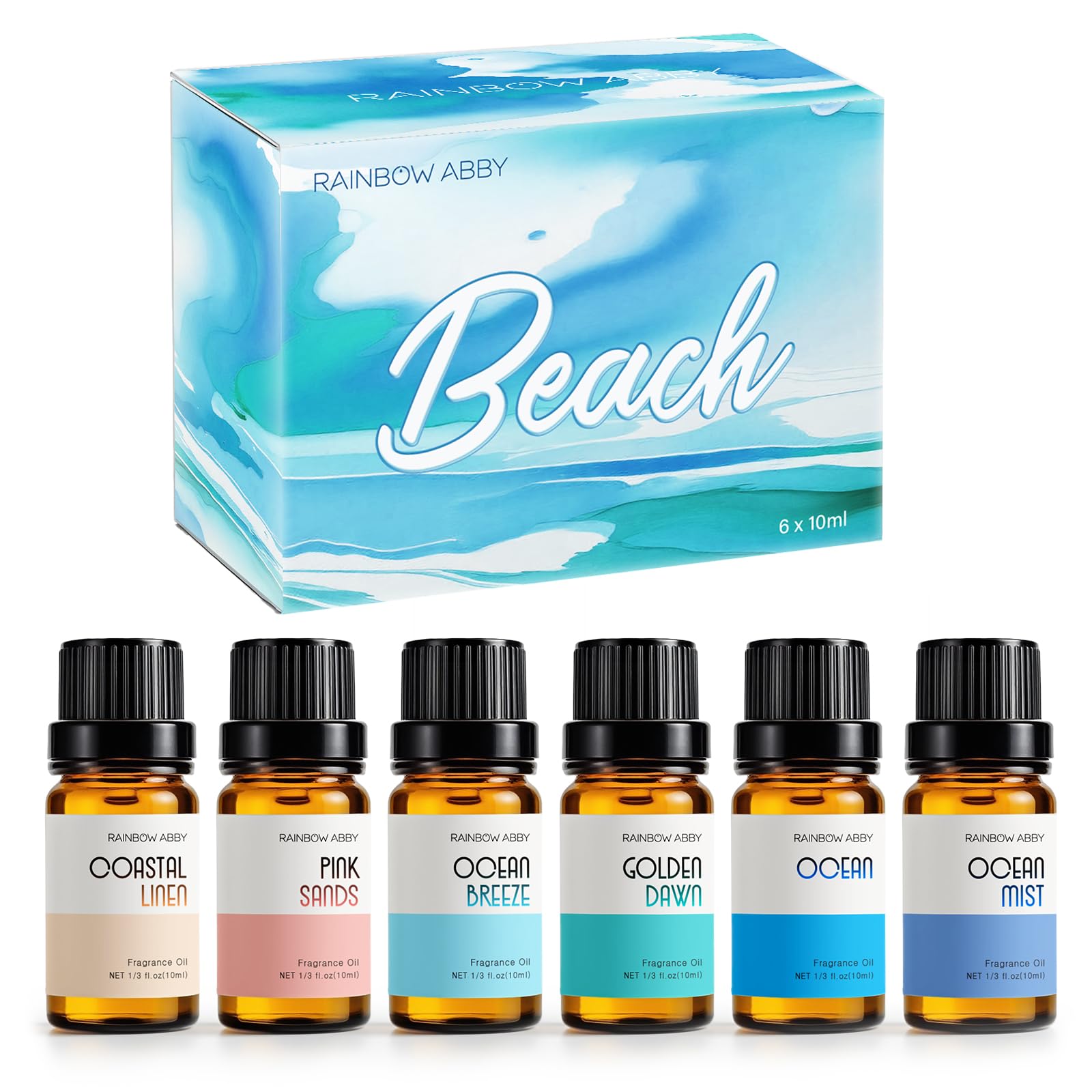 Beach Essential Oils for Diffusers – RAINBOW ABBY 6x10ml Set | Golden Dawn, Pink Sands, Coastal Linen, Ocean Breeze, Ocean, Ocean Mist