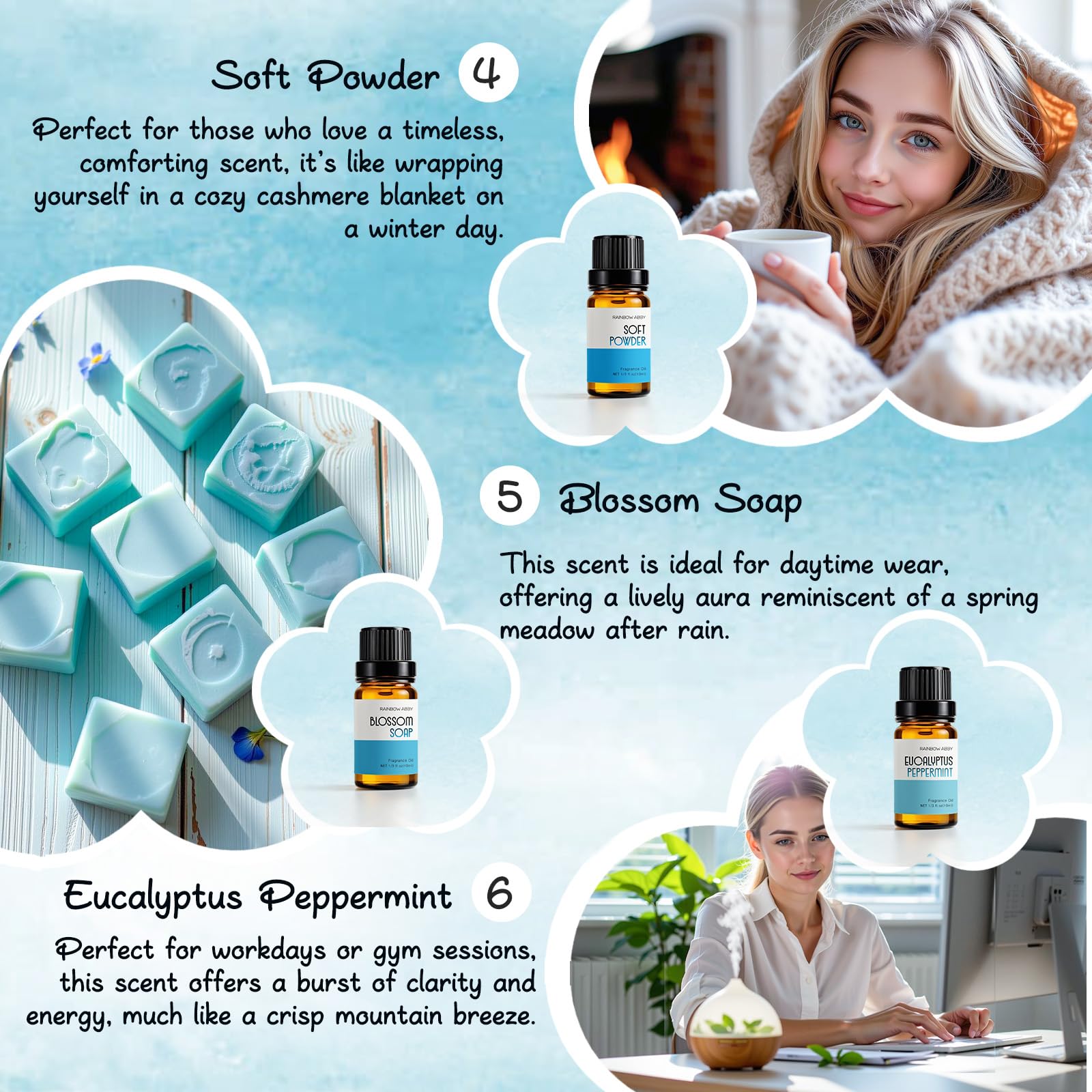 Rainbow Abby Clean Fragrance Oils Set – 6x10ml Premium Essential Oils for Diffuser, Candle & Soap Making