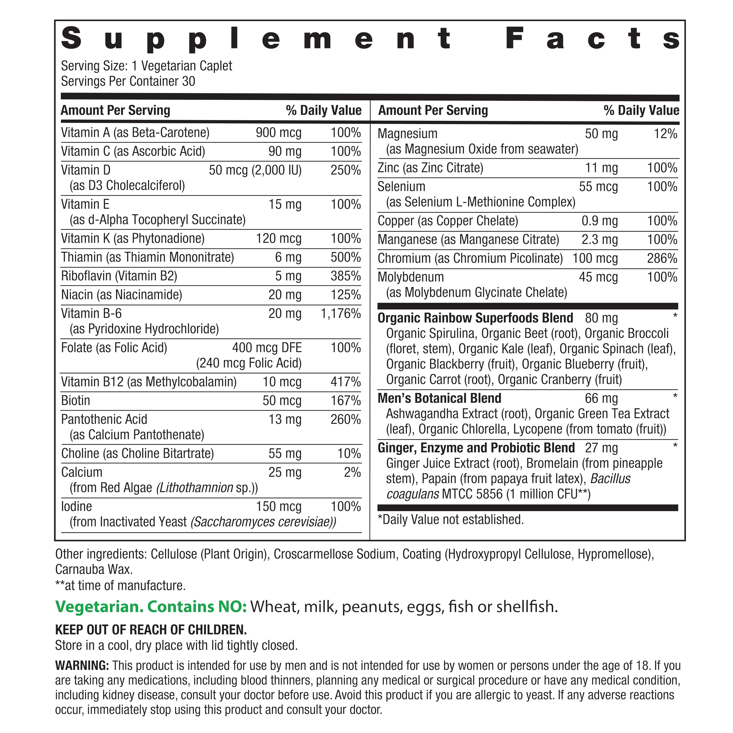 Rainbow Light Men's Multivitamin One+ 30 Caplets – Real Food Nutrients, Enzymes & Probiotics