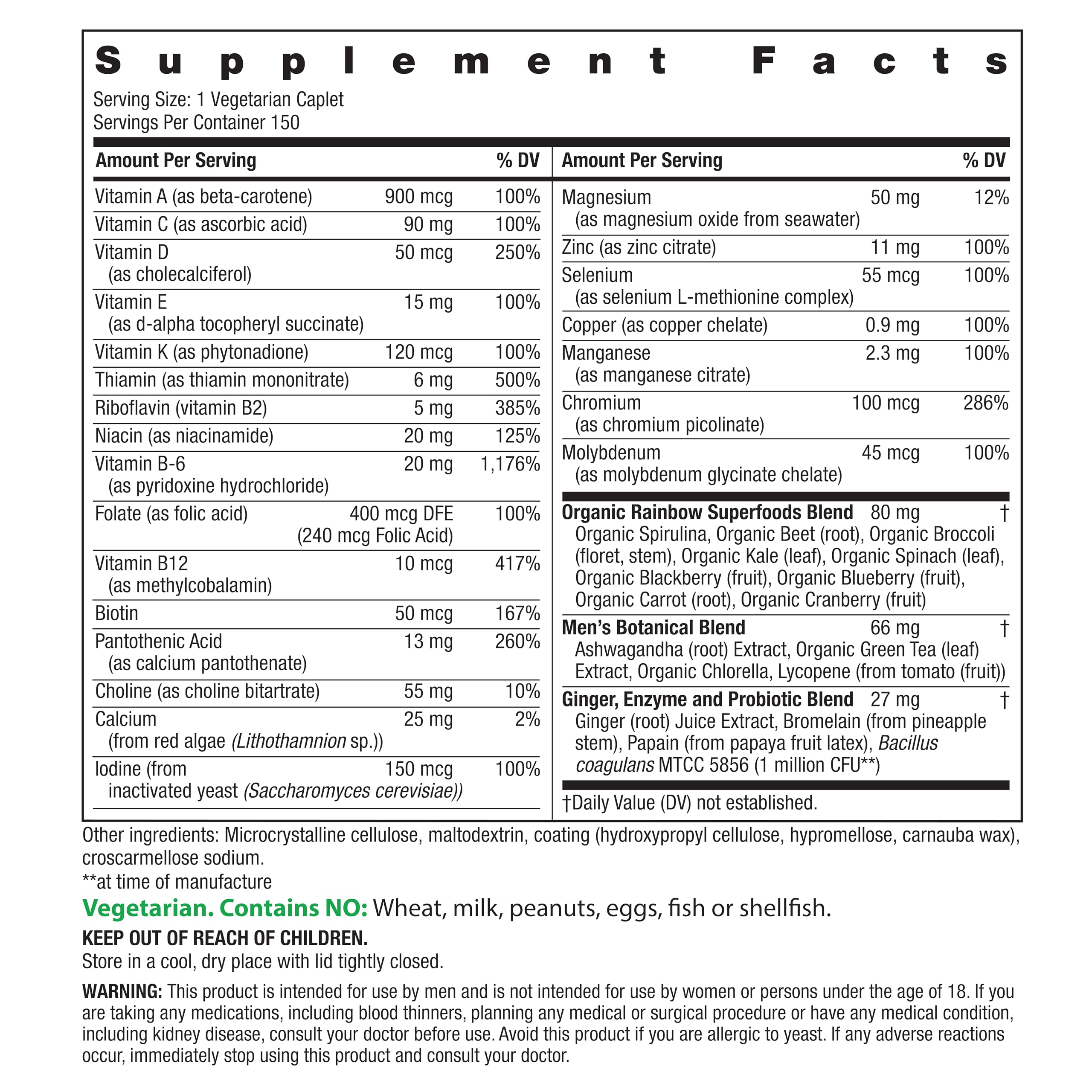 Rainbow Light Men's One High Potency Daily Multivitamin, Vegetarian, 150 ct., Package May Vary