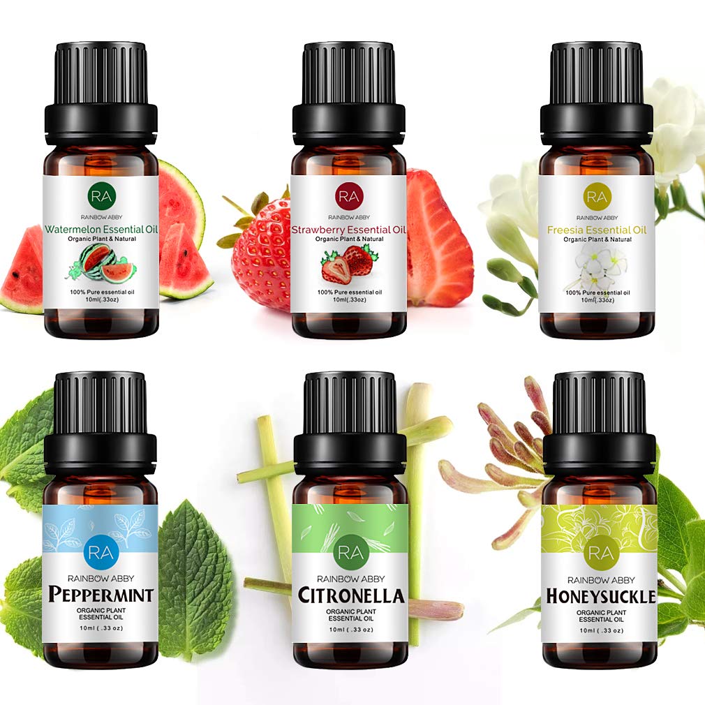 RAINBOW ABBY 6-Pack Orangic 100% Pure Essential Oils (10ml each) — Peppermint, Watermelon, Strawberry, Freesia, Citronella, Honeysuckle