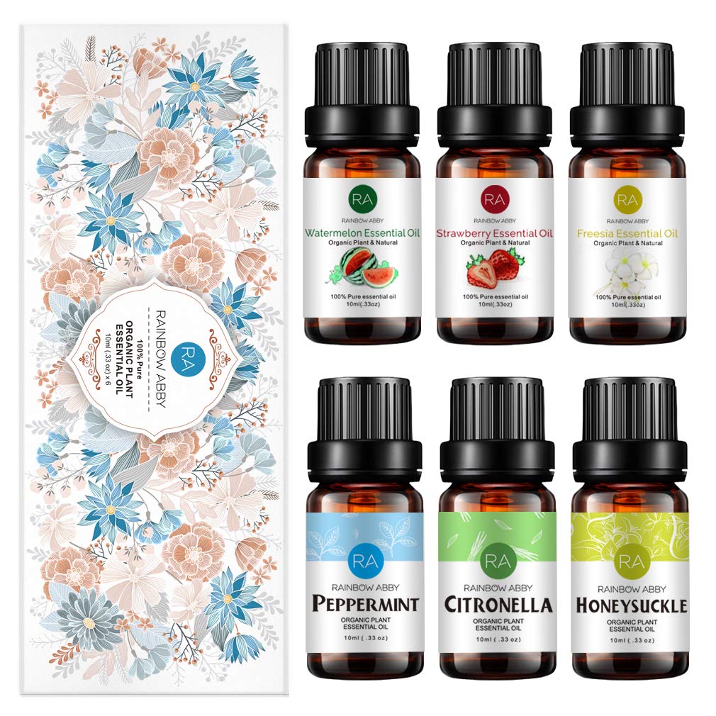 RAINBOW ABBY 6-Pack Orangic 100% Pure Essential Oils (10ml each) — Peppermint, Watermelon, Strawberry, Freesia, Citronella, Honeysuckle