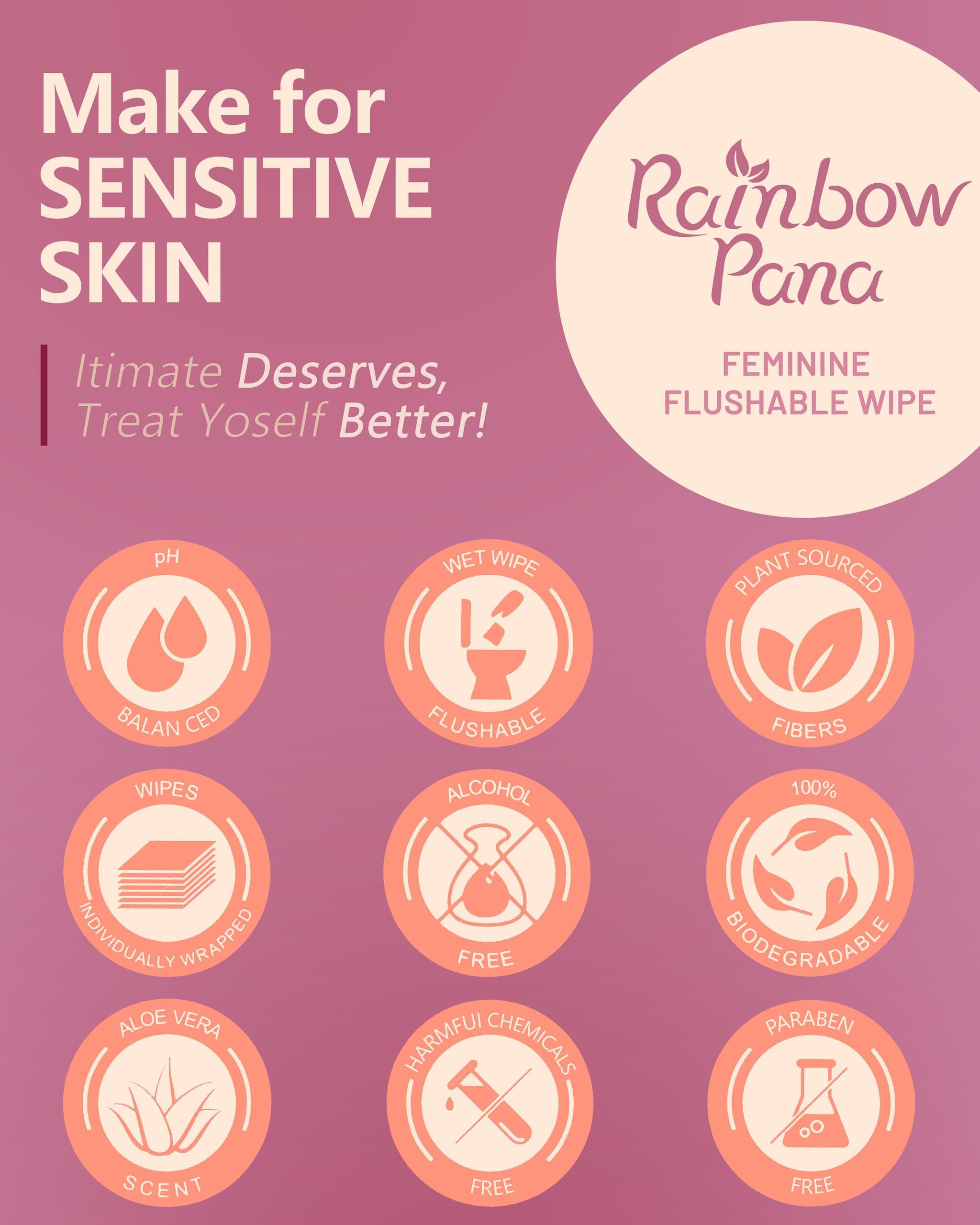 RainbowPana Feminine Wipes - 40 Count On-The-Go, Flushable Travel Wipes for Women | Aloe, Portulaca, Vitamin E | pH Balanced, Biodegradable
