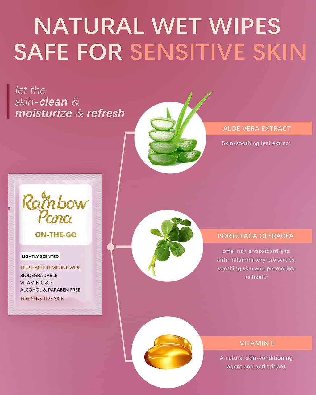 RainbowPana Feminine Wipes - 40 Count On-The-Go, Flushable Travel Wipes for Women | Aloe, Portulaca, Vitamin E | pH Balanced, Biodegradable