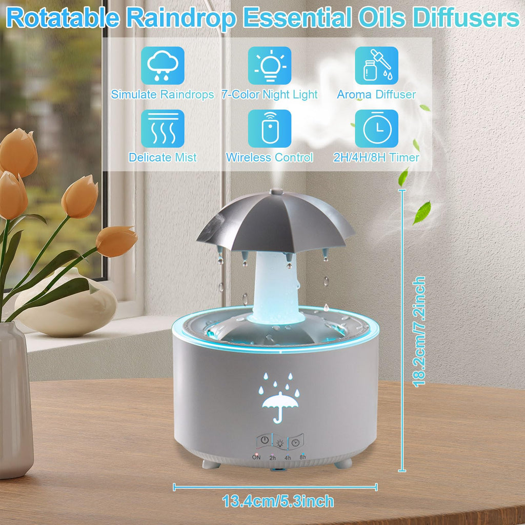 Raindrop Humidifier & Diffuser — 300ml, 7-Color LED, 2/4/8h Timer (White)