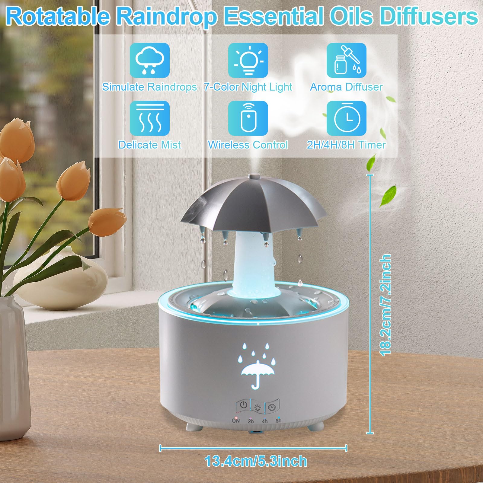 Raindrop Humidifier & Diffuser — 300ml, 7-Color LED, 2/4/8h Timer (White)