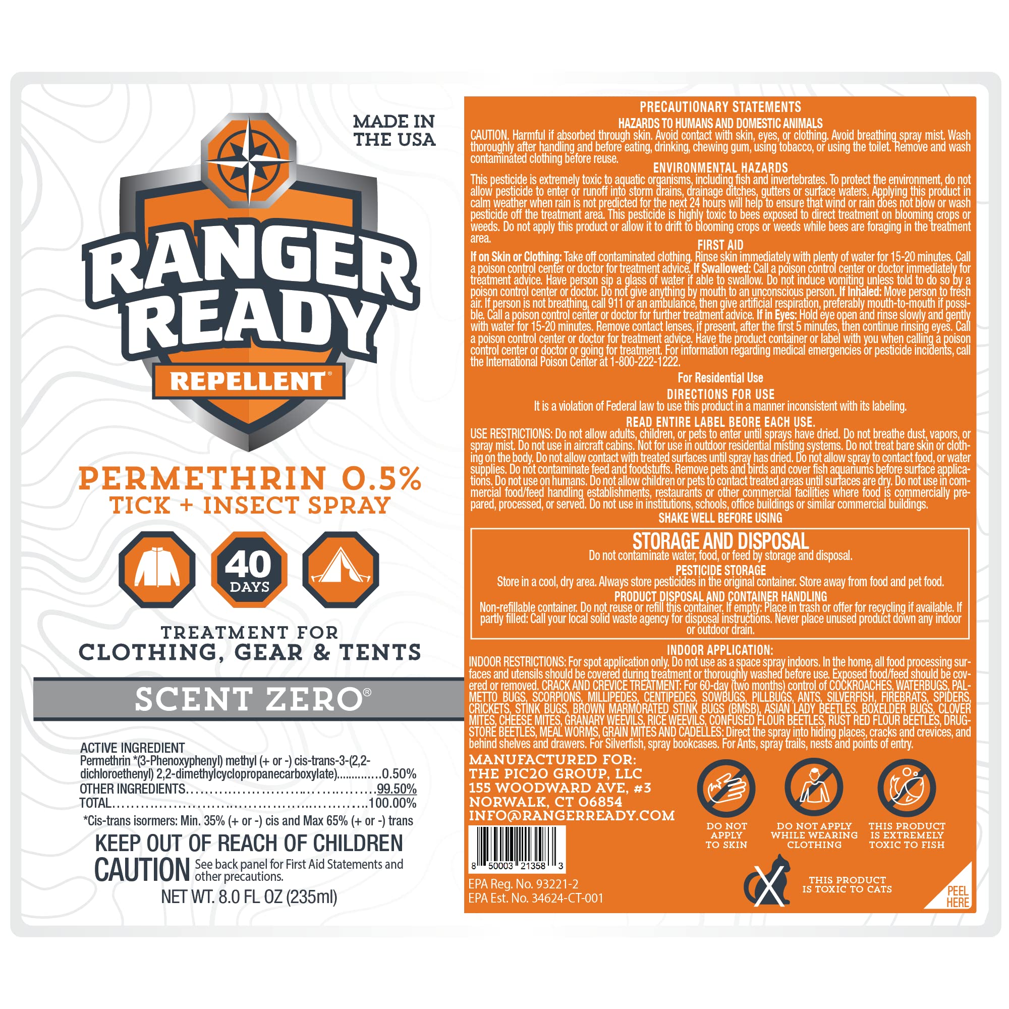 Ranger Ready Repellents 0.5% Permethrin Spray for Clothes & Outdoor Gear - Scent Zero, 8 fl oz