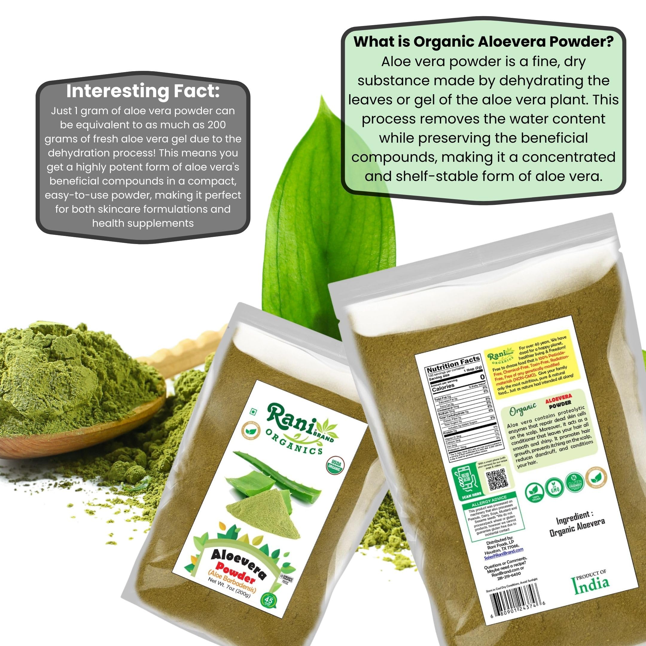 Rani Organic Aloe Vera Powder (Aloe Barbadensis) 7oz/200g – USDA Organic, Kosher, Non-GMO, Gluten Friendly