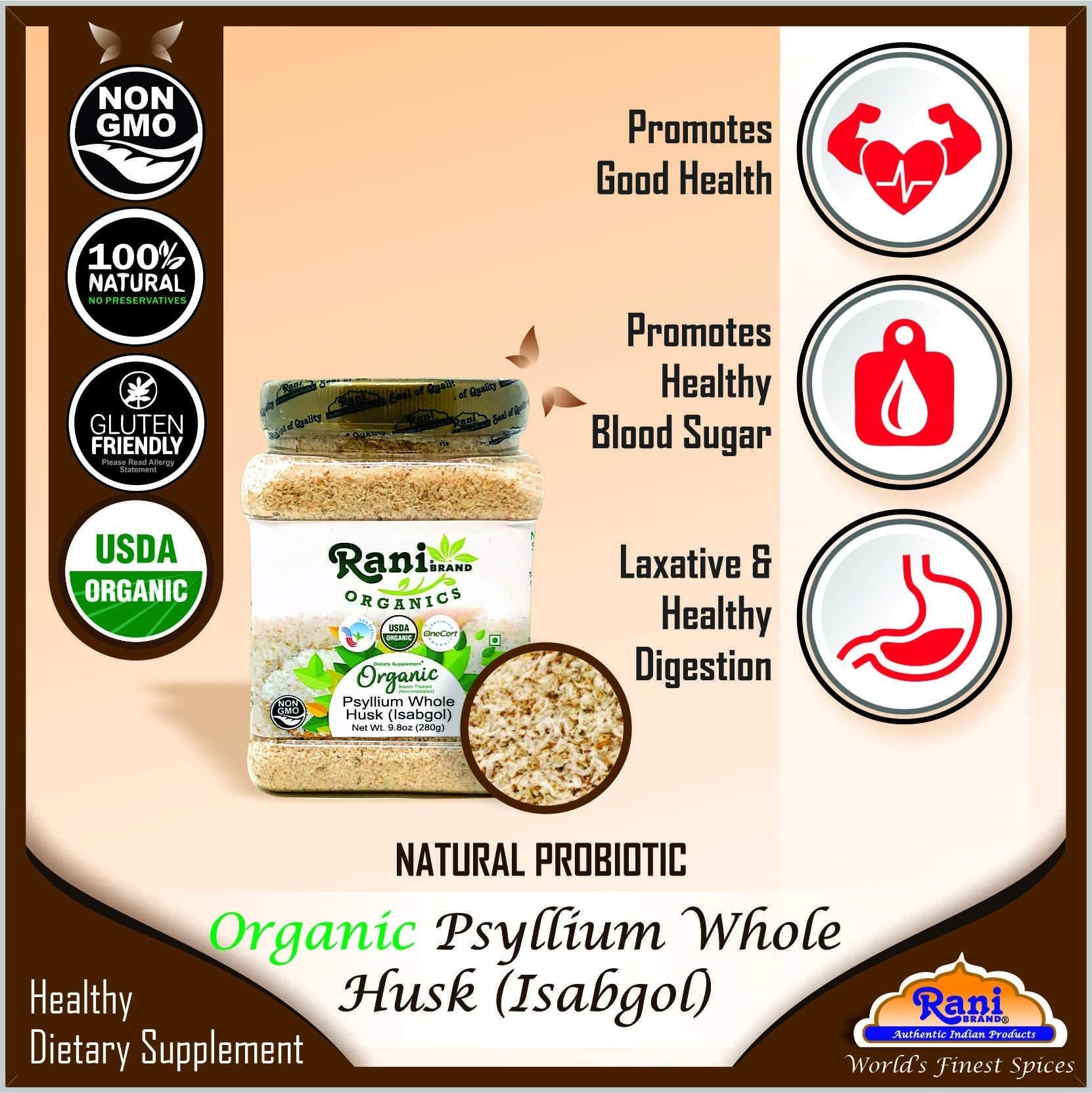 Rani Organics Psyllium Whole Husk Powder (Isabgol) – USDA Organic Dietary Fiber, 9.8oz Jar