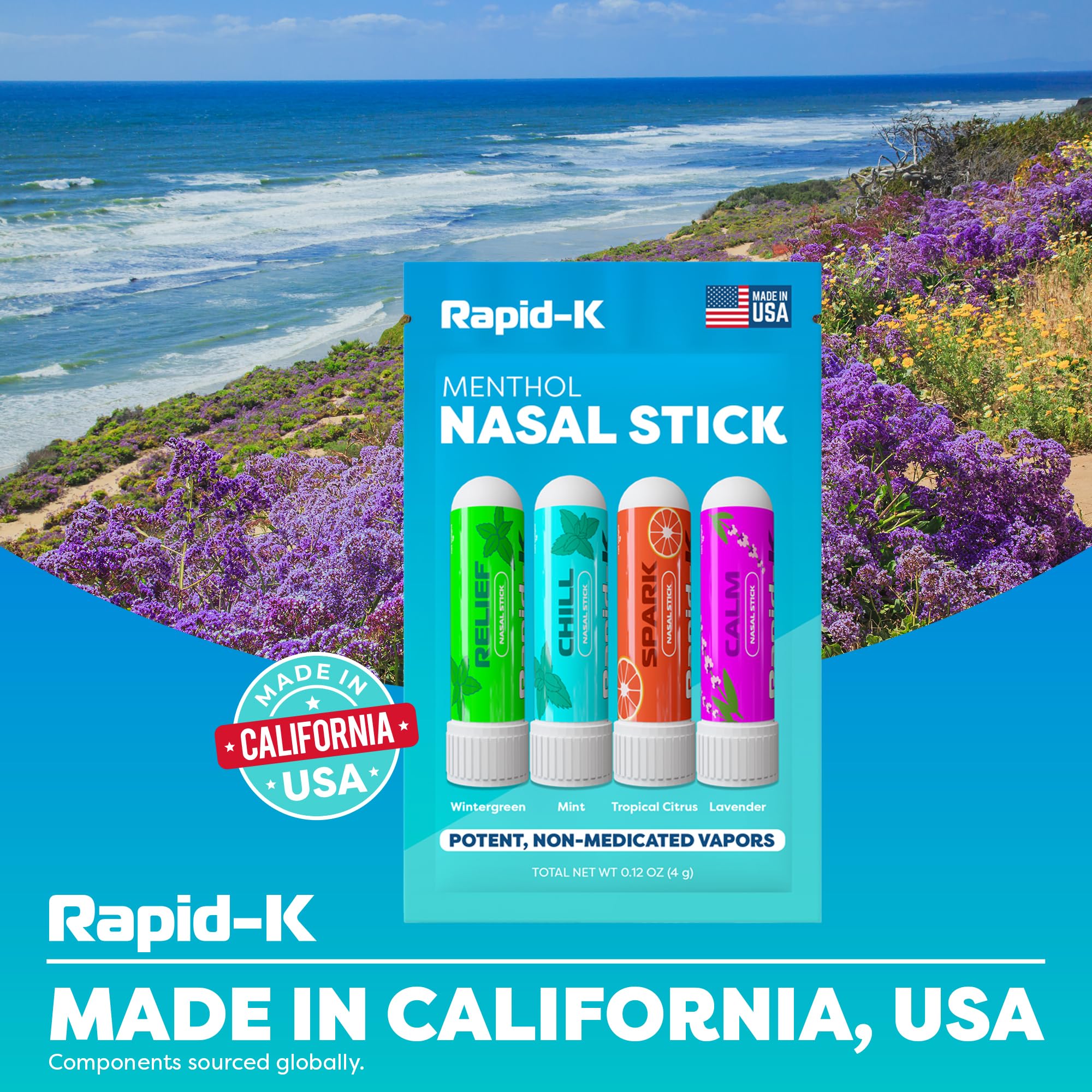 Rapid-K Nasal Sticks 4 Pack – Mint, Lavender, Tropical & Wintermint Inhalers for Quick Breathing Comfort
