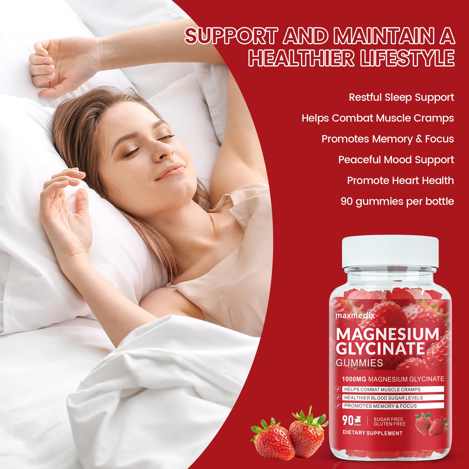 Magnesium Glycinate Gummies 1000mg – Sugar Free Sleep Support | 90 Strawberry Gummies