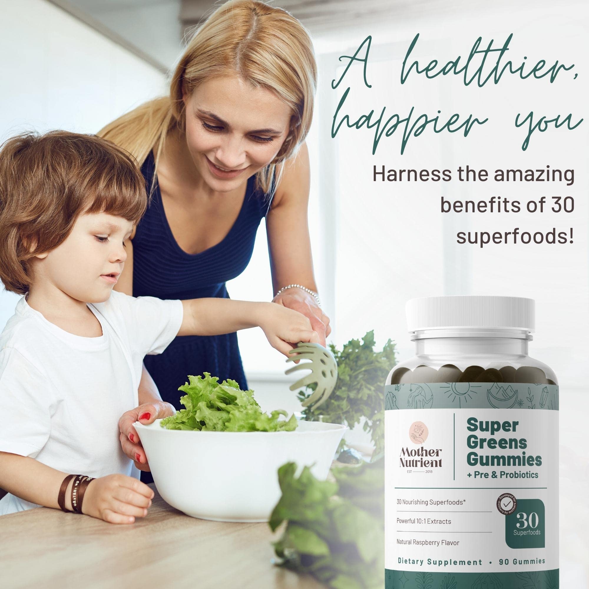 Mother Nutrient Super Greens Gummies – Women & Adults, 30 Superfoods, 90 Gummies