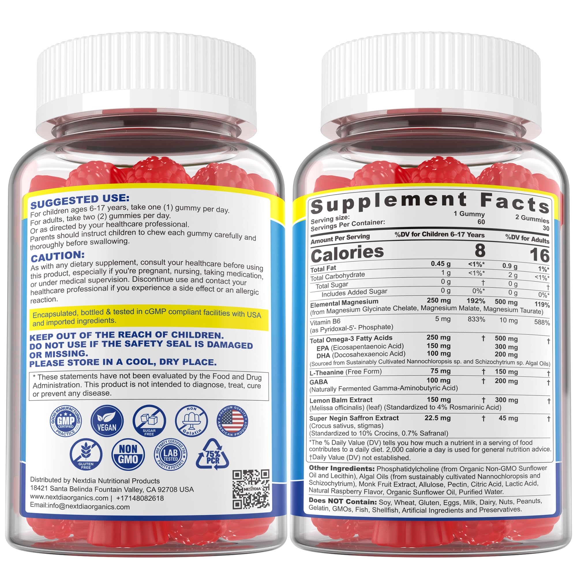 Triple Magnesium Complex Gummies for Adults & Kids 6+ – Sugar Free | Omega-3, Saffron, L-Theanine