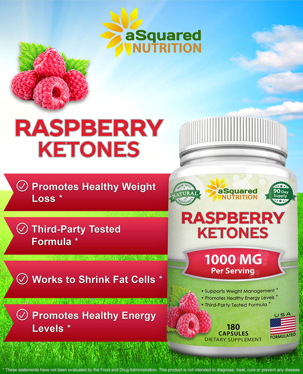 aSquared Nutrition Raspberry Ketones 1000mg - 180 Capsules | 3-Month Supply