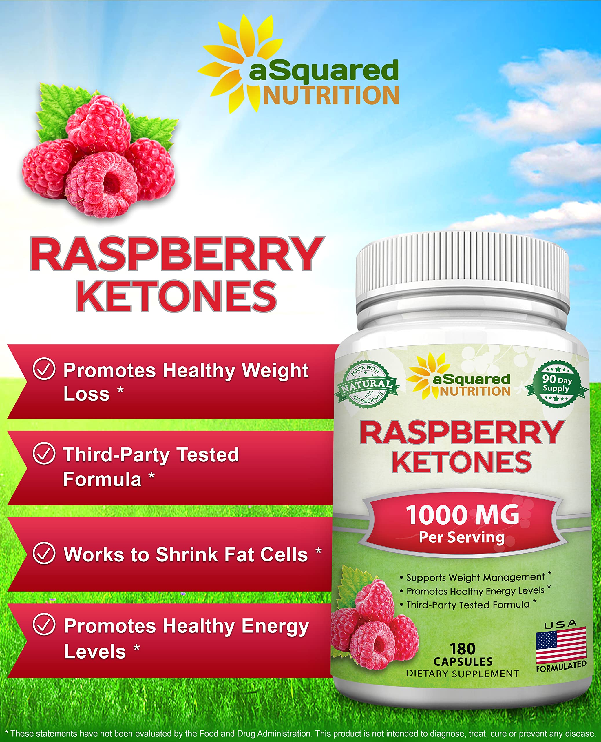 aSquared Nutrition Raspberry Ketones 1000mg - 180 Capsules | 3-Month Supply