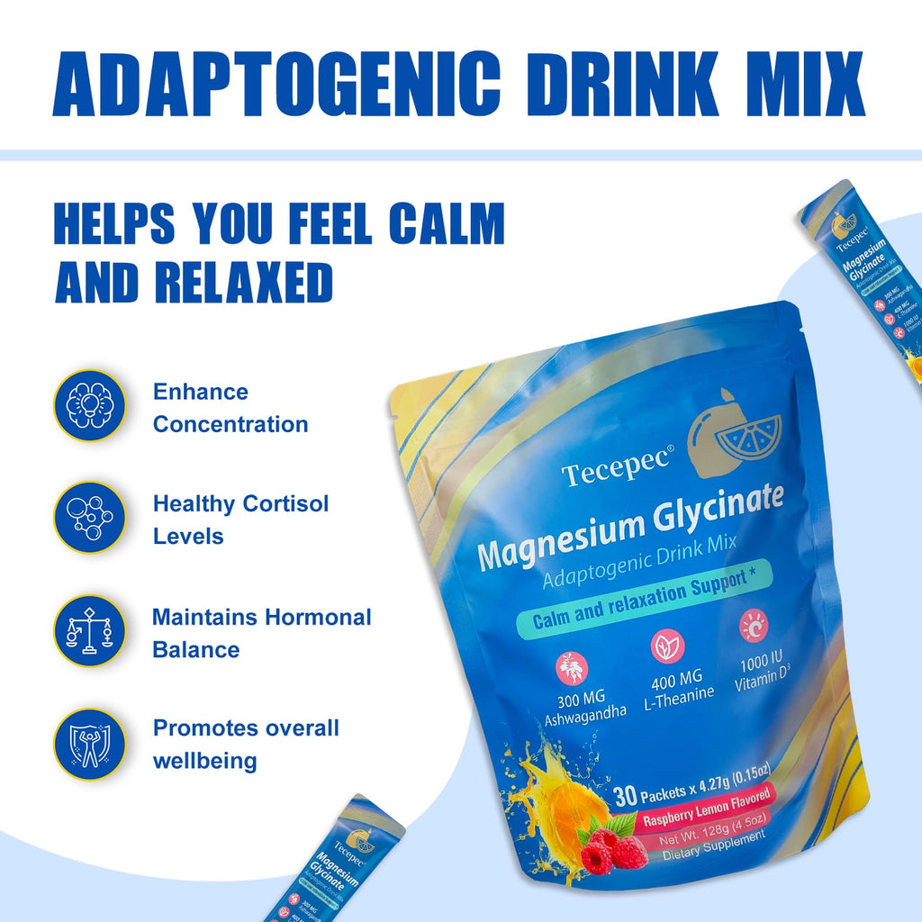 Cortisol Powdered Drink Mix with Magnesium Glycinate, L-Theanine, Ashwagandha & Vitamin D3 – Raspberry Lemonade, 30 Packets