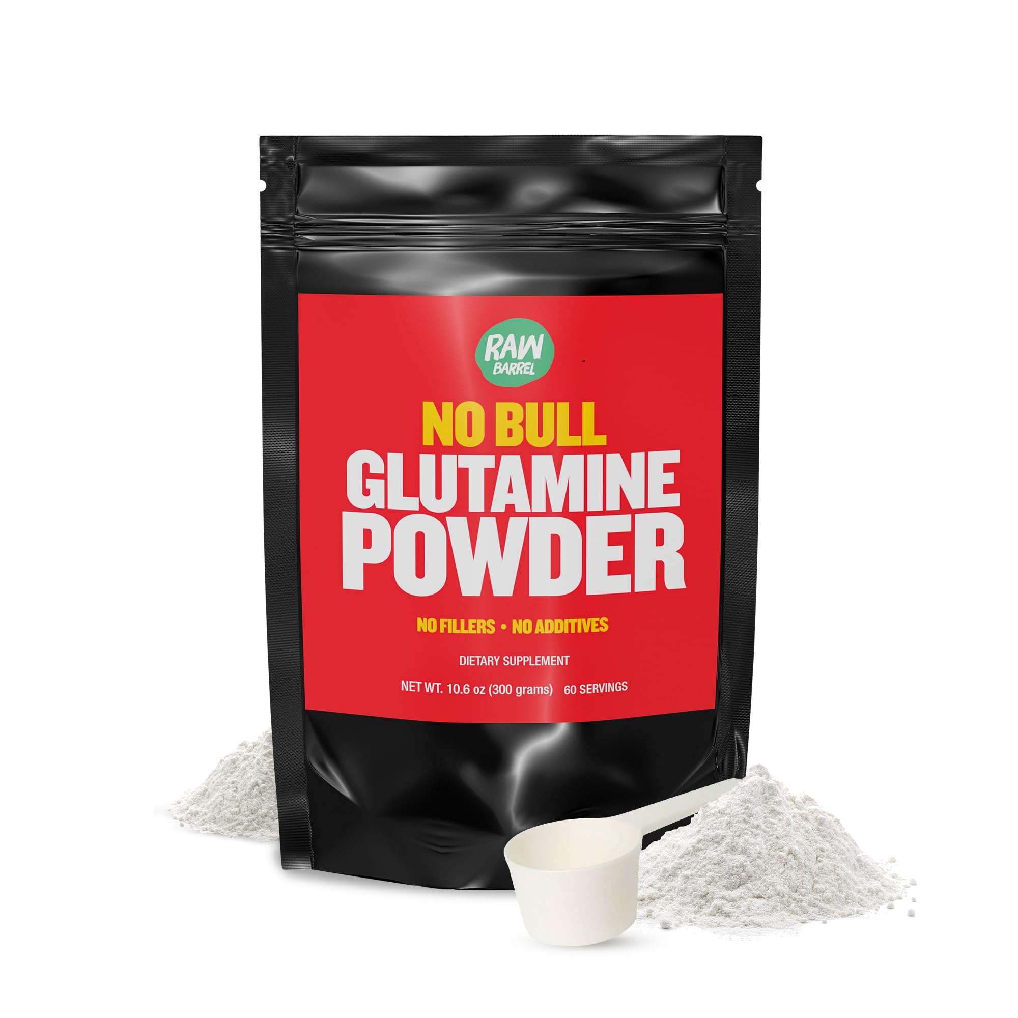 Raw Barrel No Bull L-Glutamine Powder - Unflavored, Micronized, Non-GMO, Vegan, Gluten Free, 300g