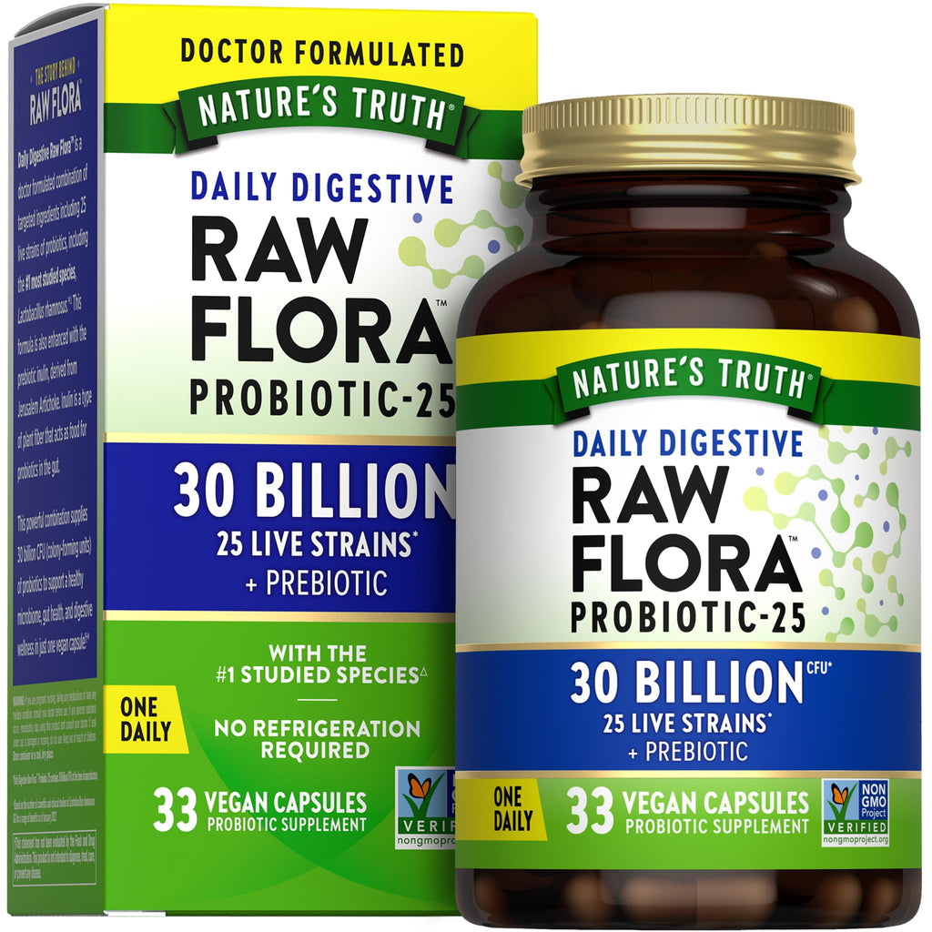 Raw Flora Probiotics with Prebiotics – 30B CFU, 33 Daily Capsules | Vegan, Non-GMO & Gluten Free