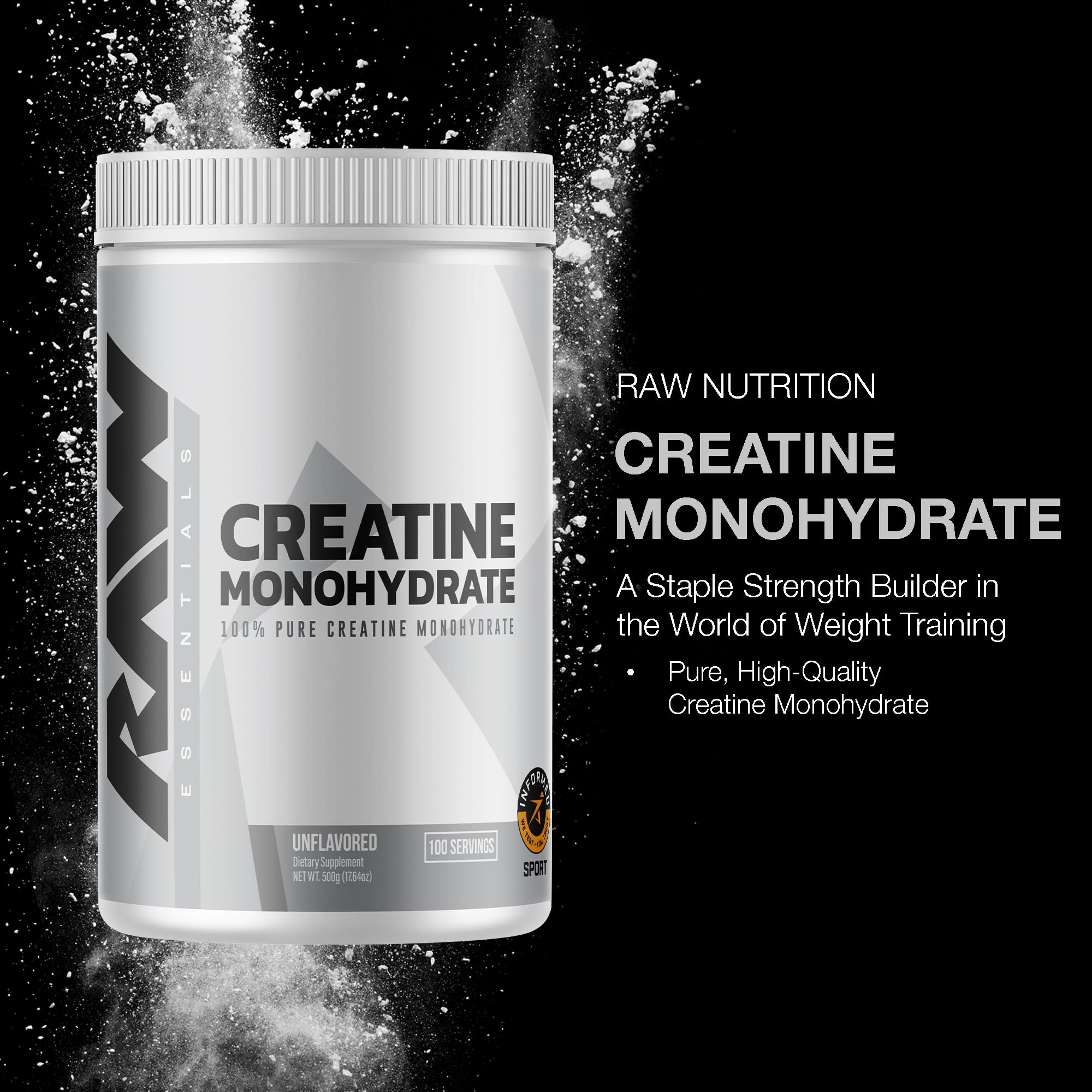 RAW Nutrition Creatine Monohydrate Powder - Unflavored, 100 Servings