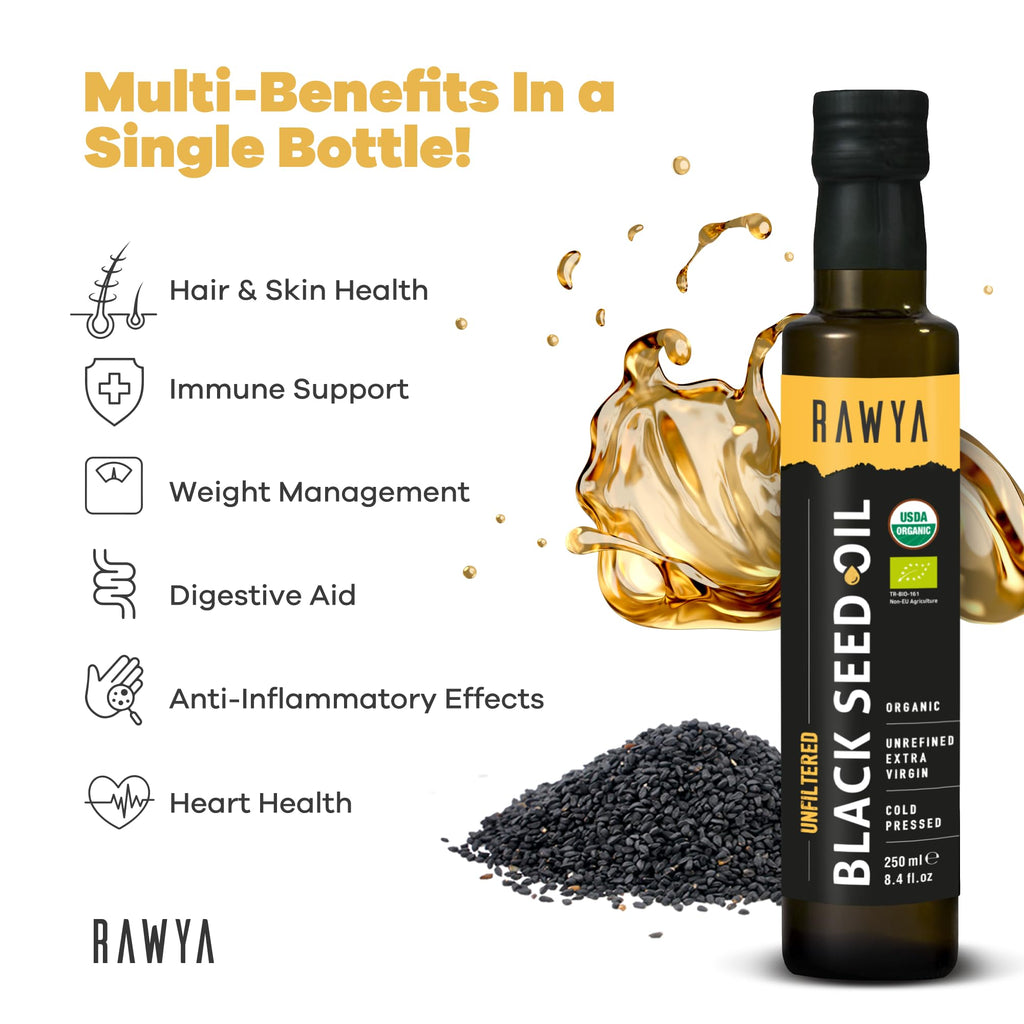 RAWYA Black Seed Oil - Organic Cold-Pressed Nigella Sativa (Turkish Origin) - USDA Organic - 2x250ml Glass