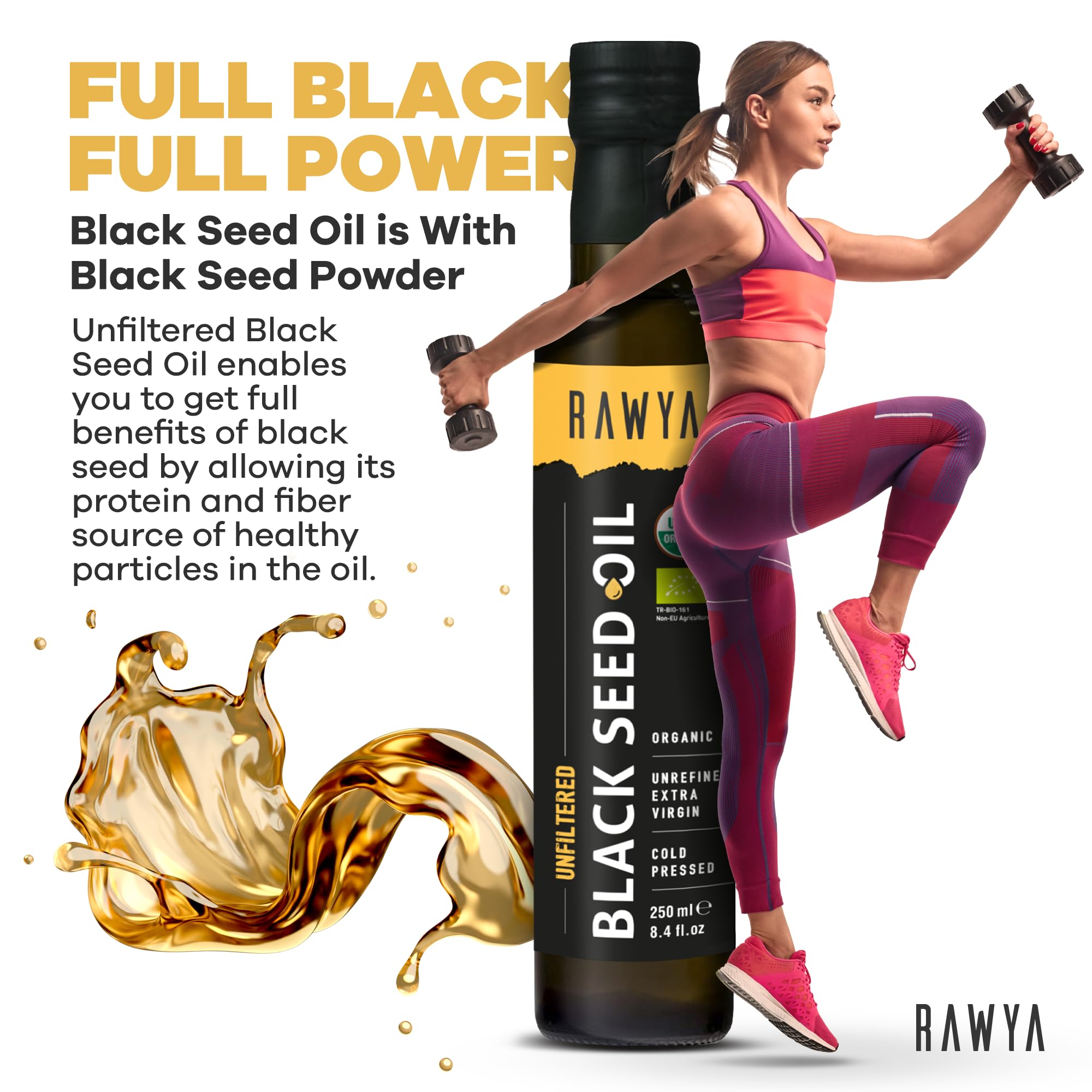 RAWYA Black Seed Oil - Organic Cold-Pressed Nigella Sativa (Turkish Origin) - USDA Organic - 2x250ml Glass