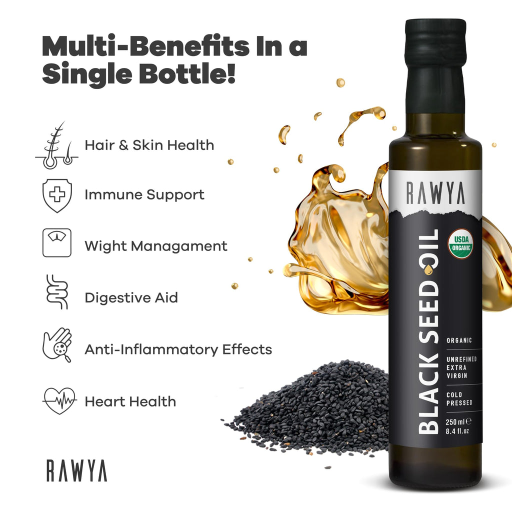 RAWYA Black Seed Oil - USDA Organic, Cold-Pressed, 8.4 fl oz | Nigella Sativa