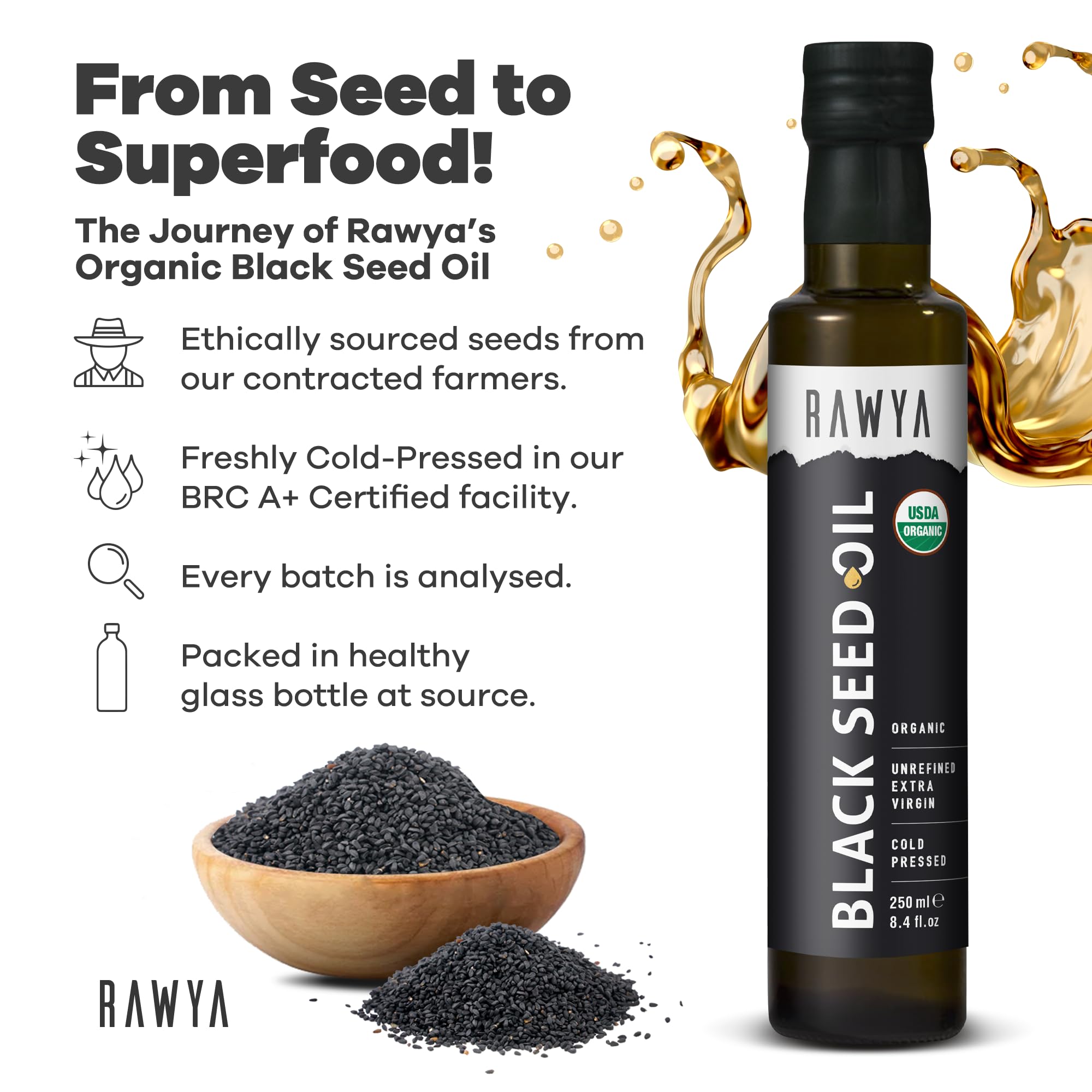 RAWYA Black Seed Oil - USDA Organic, Cold-Pressed, 8.4 fl oz | Nigella Sativa