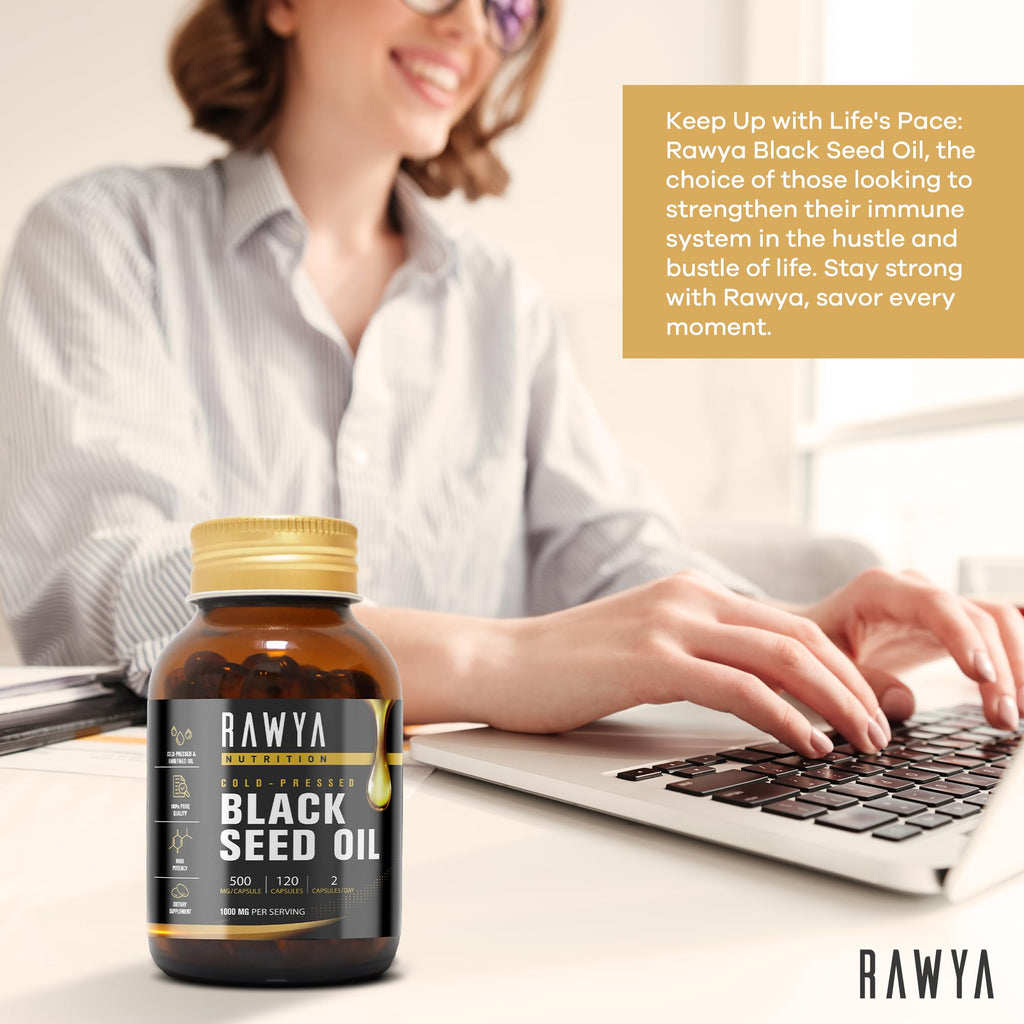 RAWYA Black Seed Oil Softgel Capsules - Halal, Premium Cold-Pressed Nigella Sativa, Non-GMO, 500mg per Capsule - 120 Count