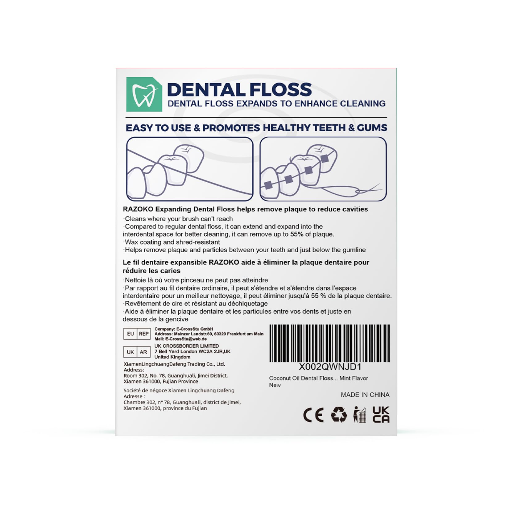 RAZOKO Coconut Oil Dental Floss – Expanding for Wide Spaces – Mint (55 Yards, 4 Count)
