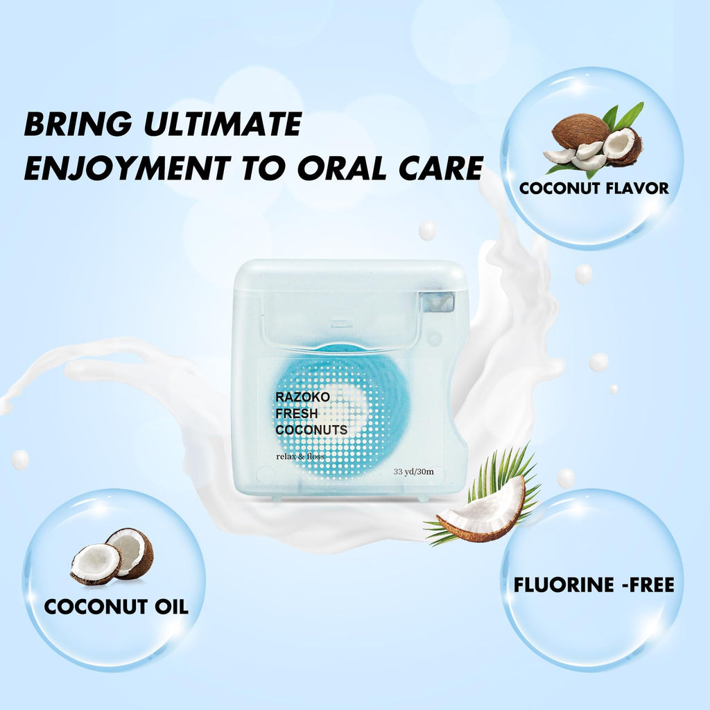 RAZOKO Coconut Oil Infused Woven Dental Floss – Vegan, Cruelty-Free, Coconut Scent (4-Month Supply)