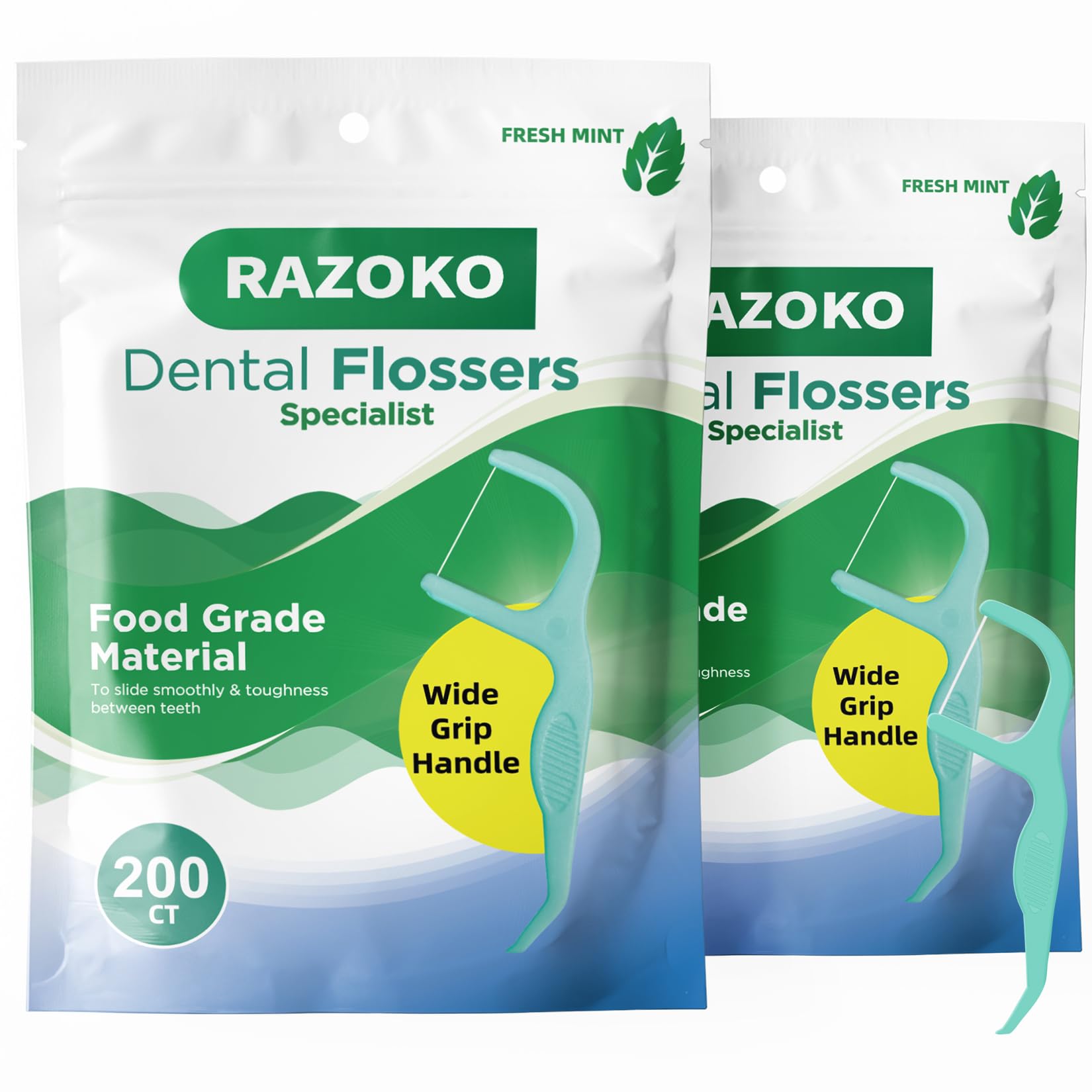 RAZOKO Dental Floss Picks – Mint Flavor, Shred-Resistant, Easy Grip (400 Count Pack of 2)
