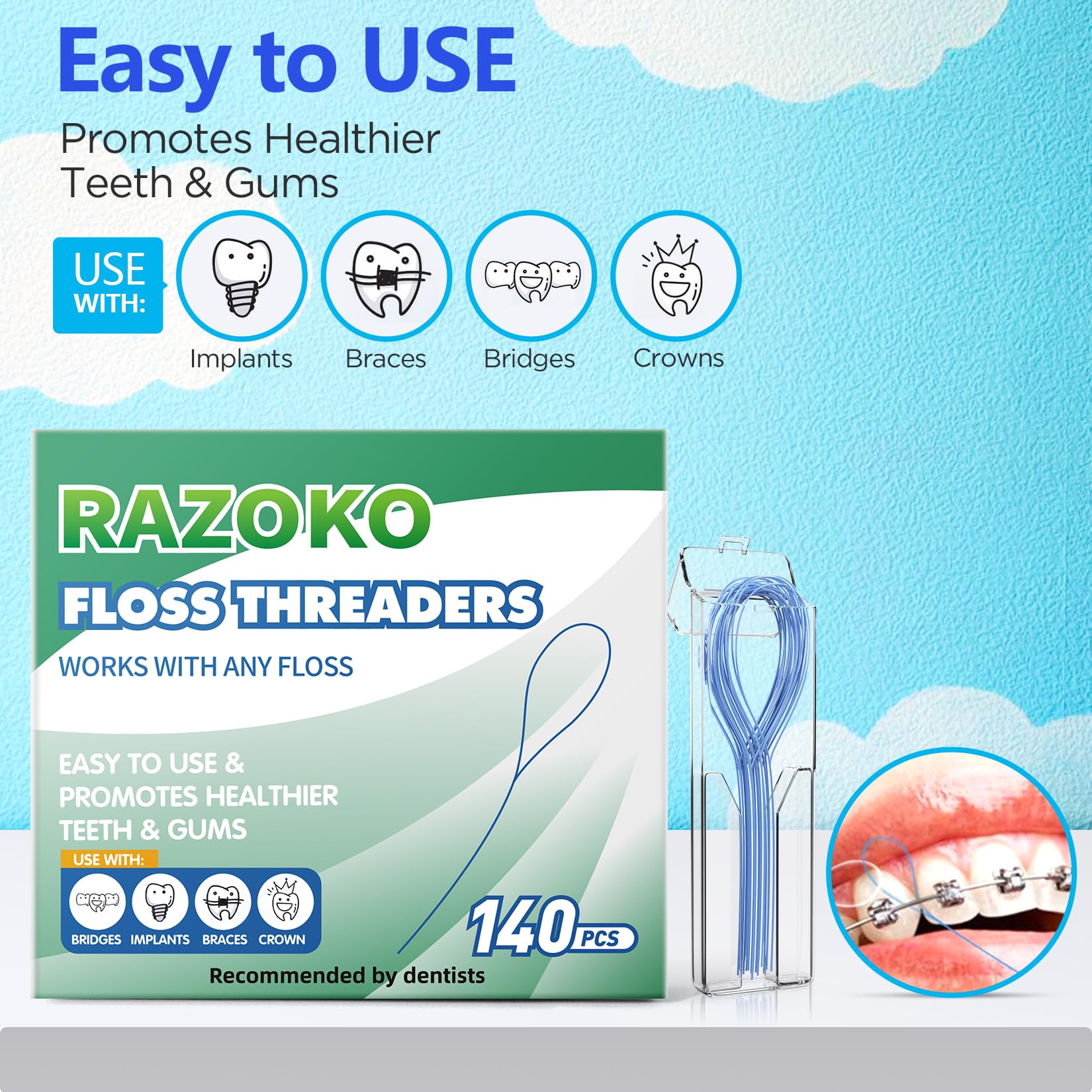 RAZOKO Floss Threaders 140PCS (Pack of 2) for Braces & Implants