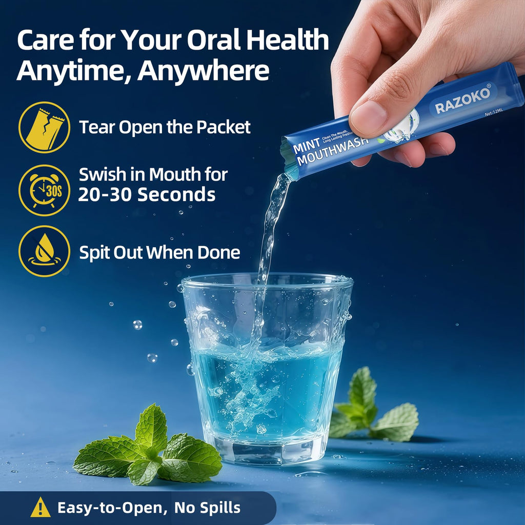 RAZOKO Travel Mouthwash Packets – Alcohol & Fluoride Free, Fresh Mint