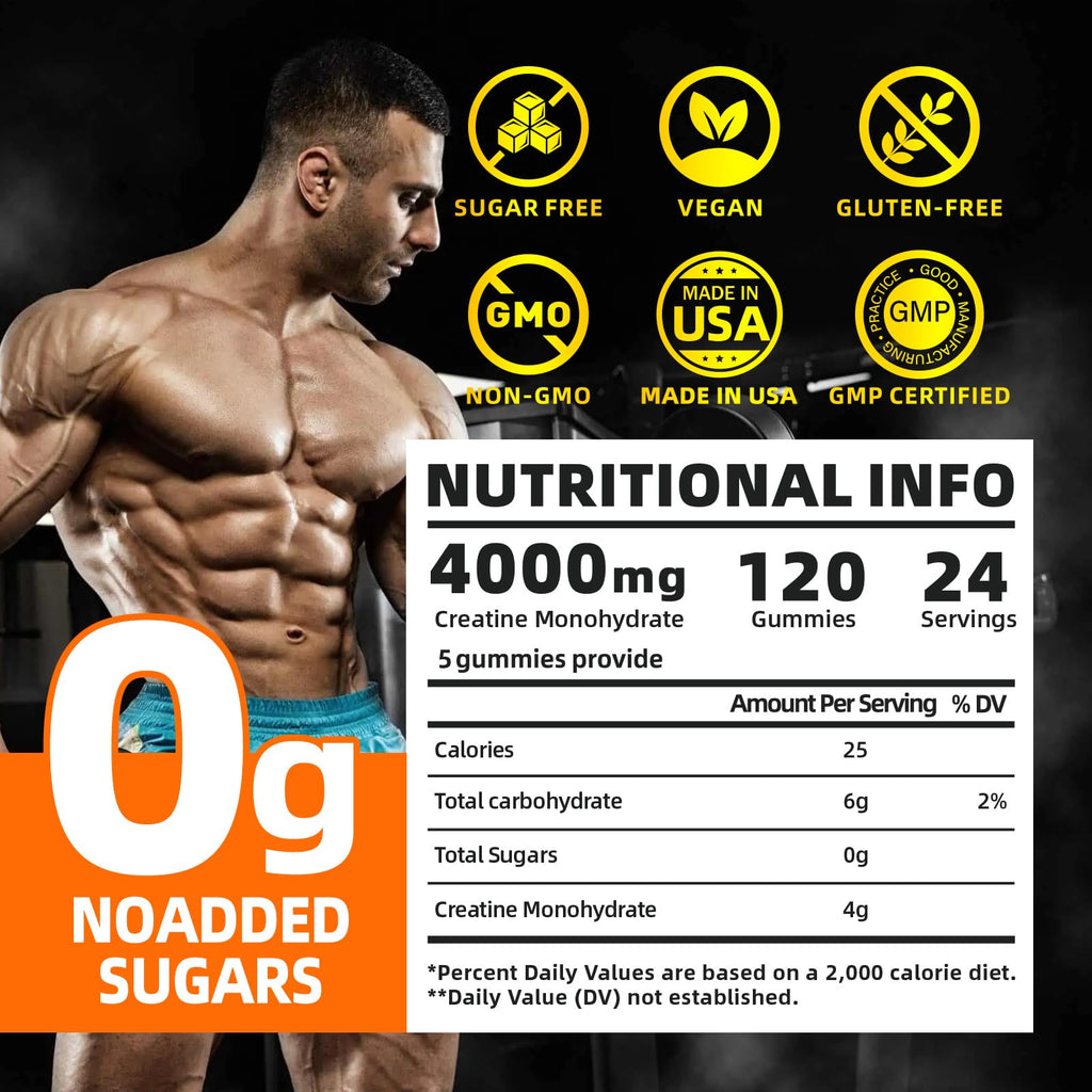 Razuhu Creatine Monohydrate Gummies – 4g per Serving, Sugar Free, Vegan, Orange, 120 Count