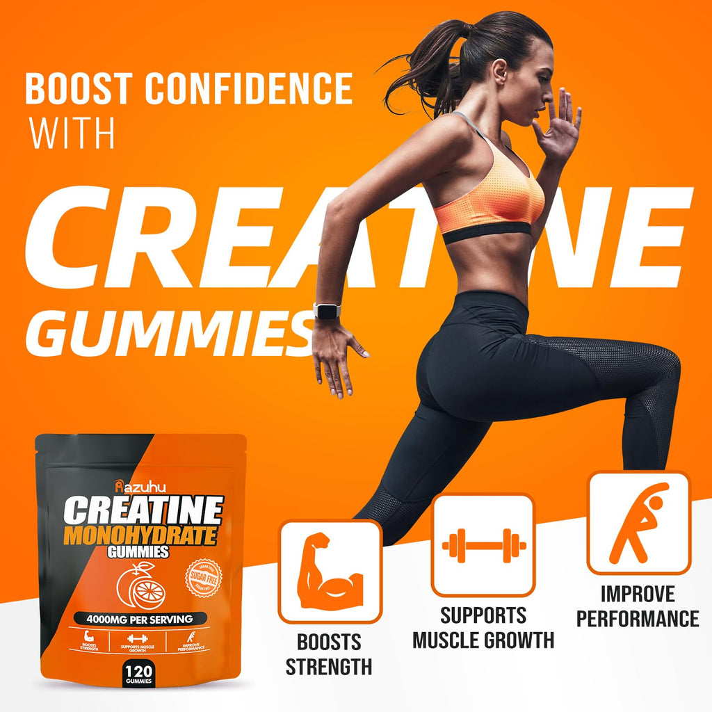 Razuhu Creatine Monohydrate Gummies – 4g per Serving, Sugar Free, Vegan, Orange, 120 Count