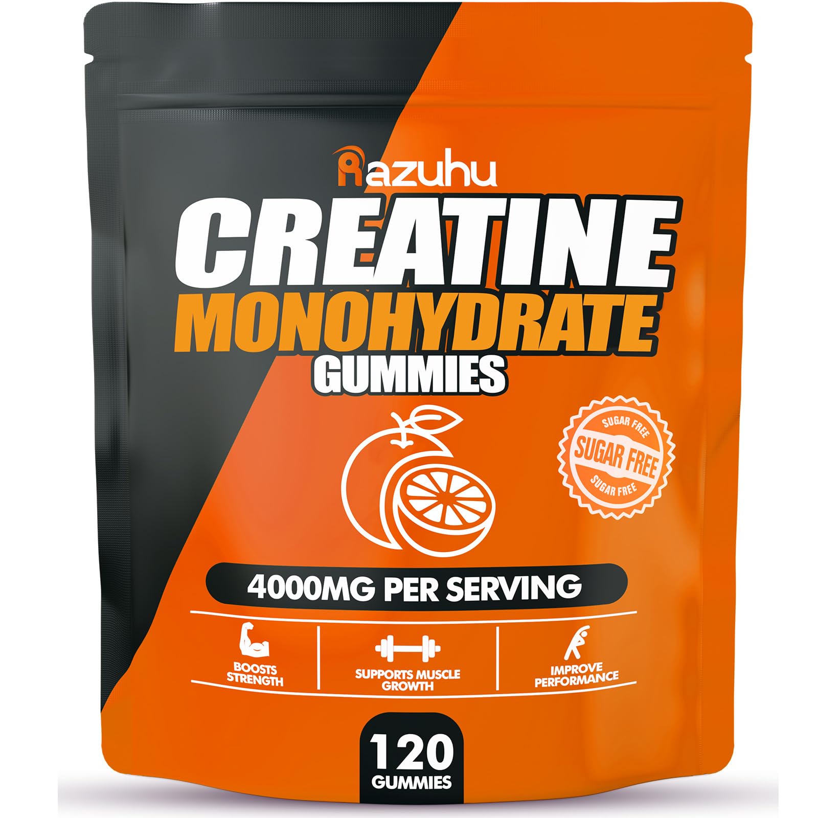 Razuhu Creatine Monohydrate Gummies – 4g per Serving, Sugar Free, Vegan, Orange, 120 Count