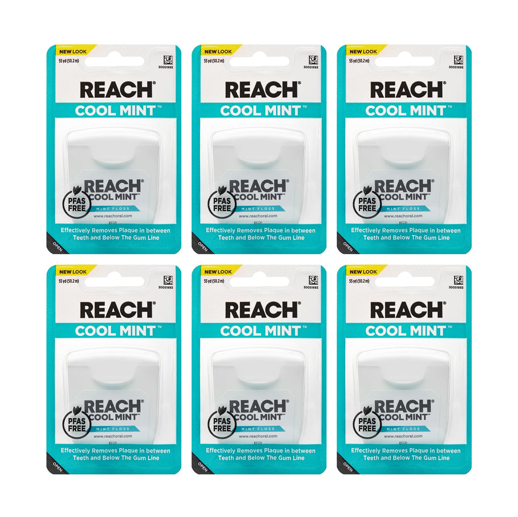 REACH Cool Mint Dental Floss – Fresh Mint, PFAS Free, 6 Pack, 55 yd