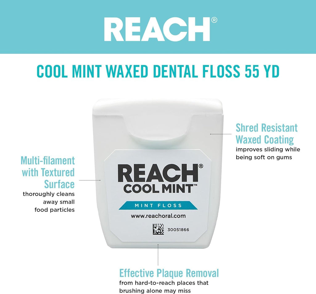 REACH Dental Floss, Cool Mint, 6 Count | Mint Floss for Clean Between-Teeth