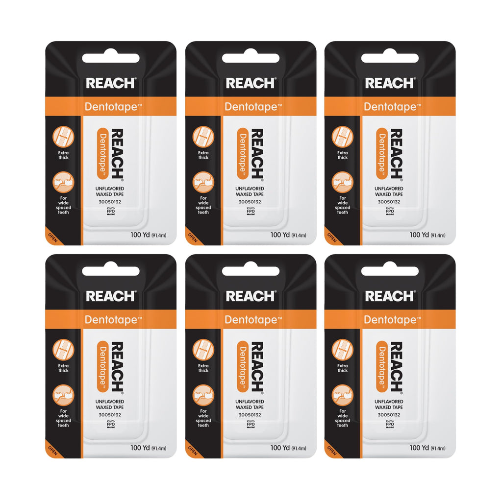 REACH Dentotape Waxed Dental Floss Tape – Extra-Wide, PFAS-Free, 100 yd (6 Pack)