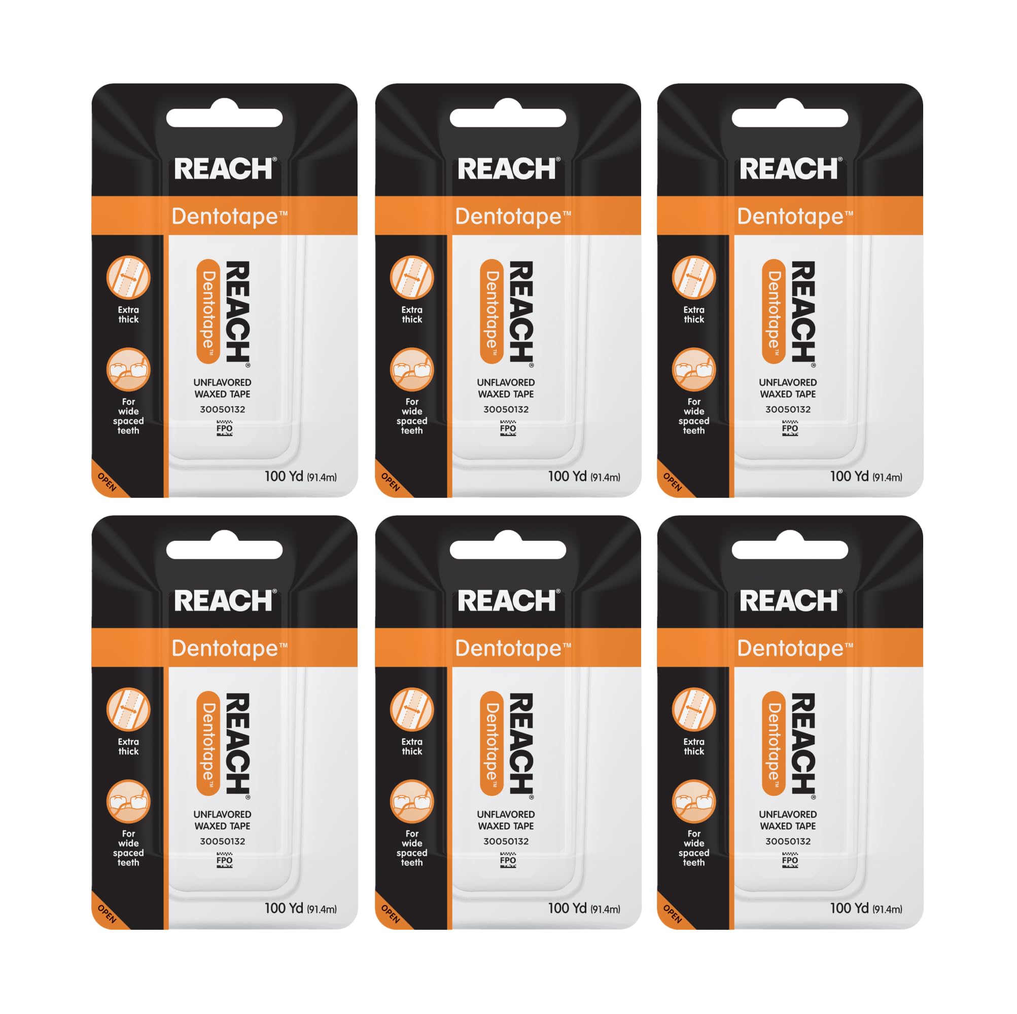 REACH Dentotape Waxed Dental Floss Tape – Extra-Wide, PFAS-Free, 100 yd (6 Pack)