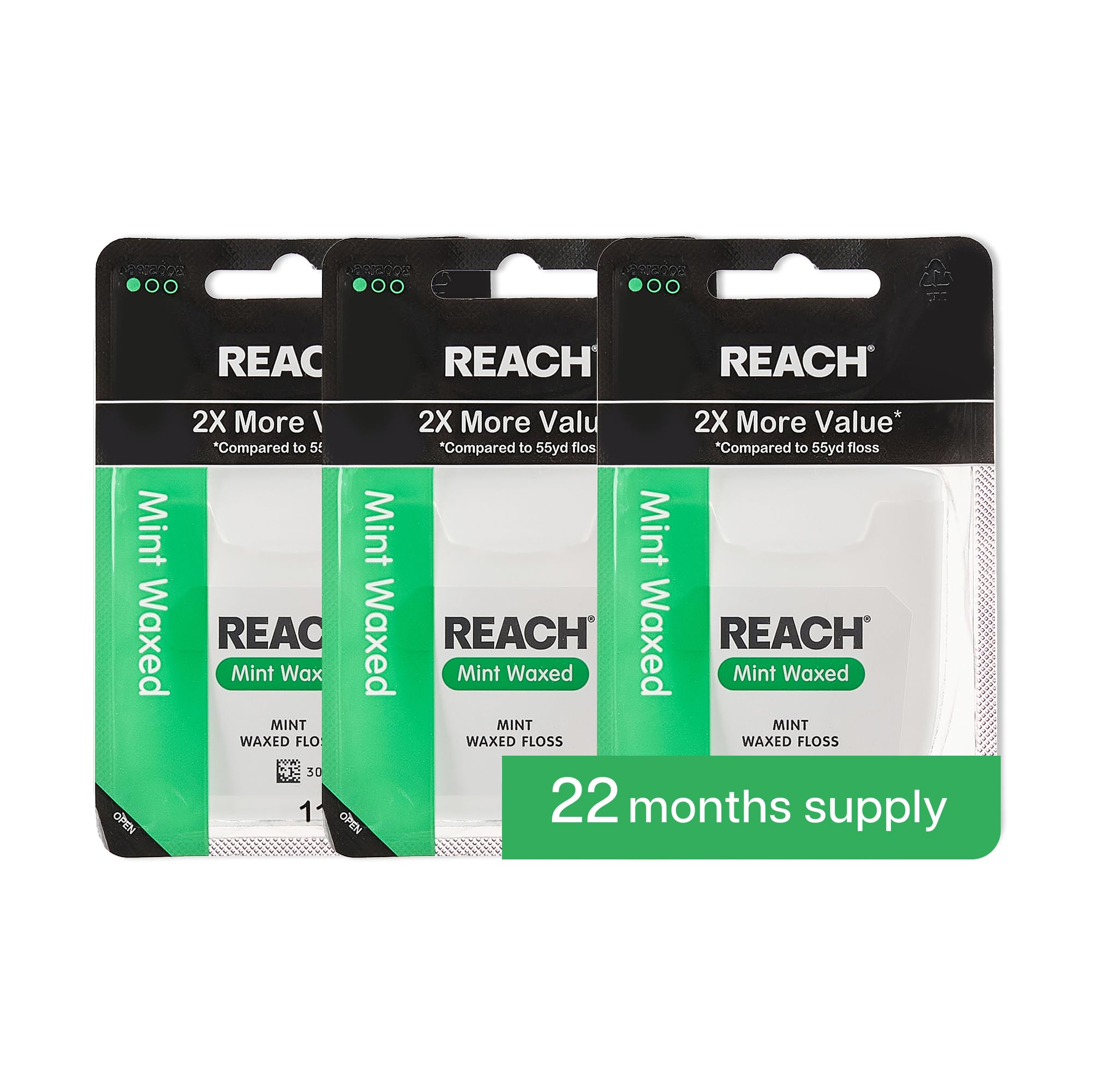 REACH Waxed Dental Floss, 115 yd, 3-Pack Mint - PFAS-Free, Shred-Resistant