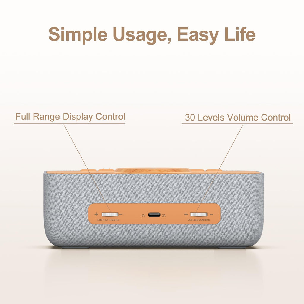 REACHER 15W Magnetic Wireless Charging Alarm Clock with White Noise Machine, Woodgrain — 20 High‑Fidelity Sounds, Gradual Wake, Snooze & Dimmable Display