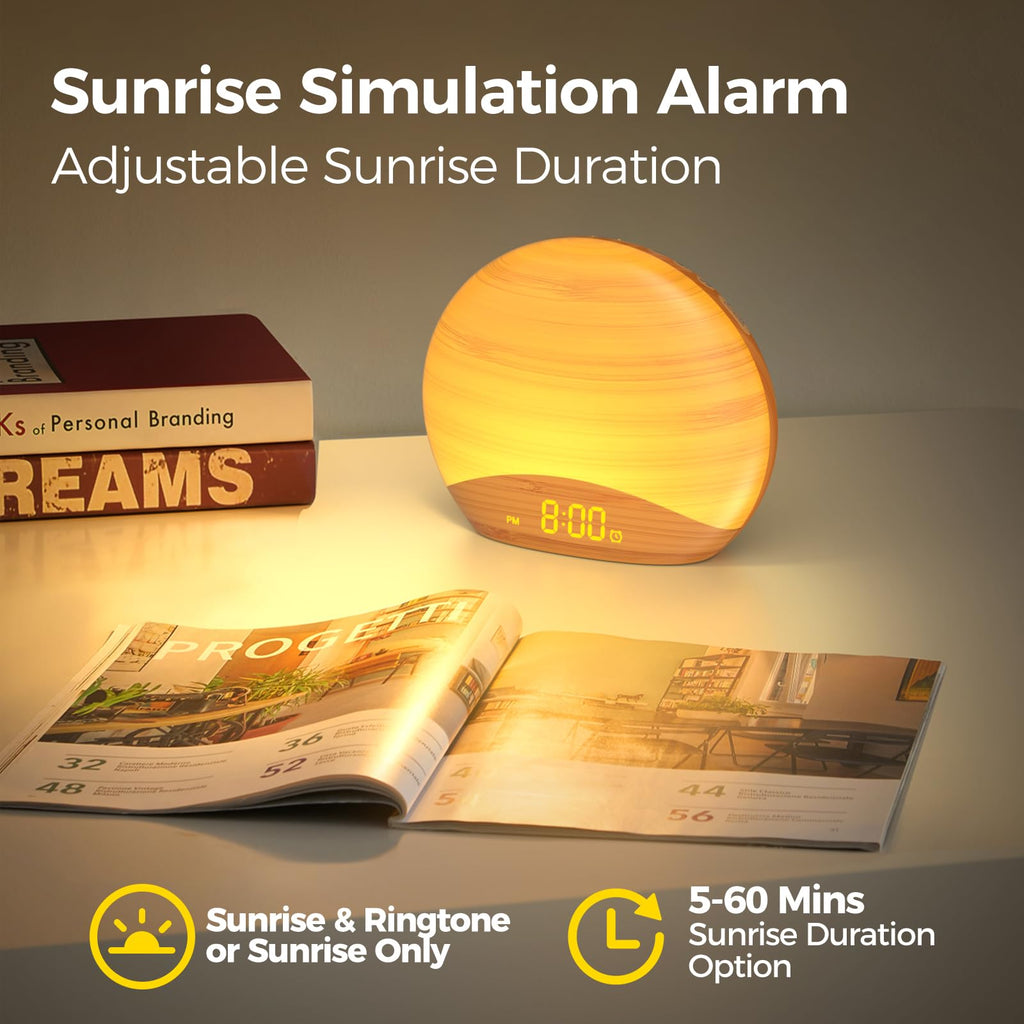 REACHER Natural Wood Grain Sunrise Alarm Clock – 26 Sleep Sounds, Dimmable Night Light